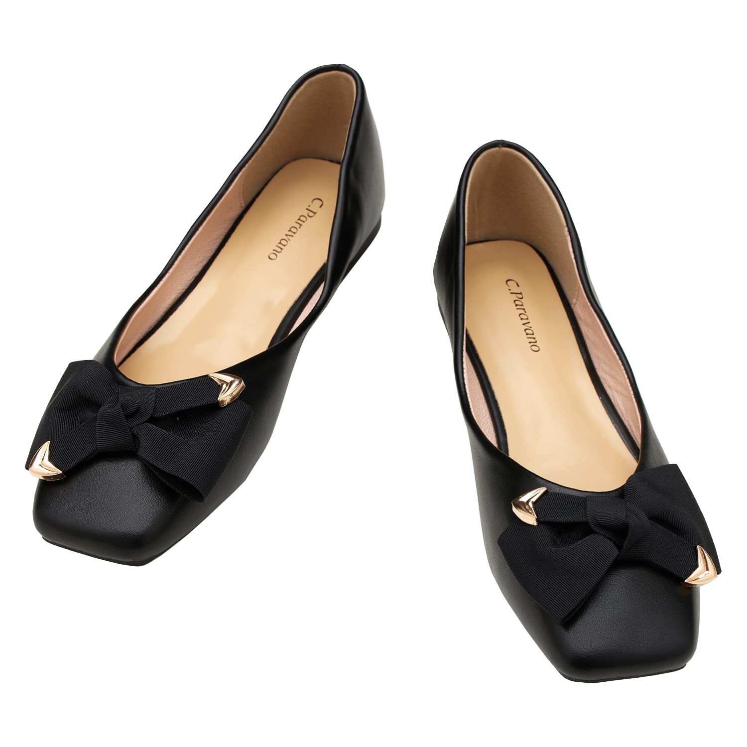C.Paravano Women's Square Toe Flats - Black Patent Leather Ballet Shoes for Women | Comfortable & Stylish Work Flats | Perfect for Office, Commuting & Casual Outfits