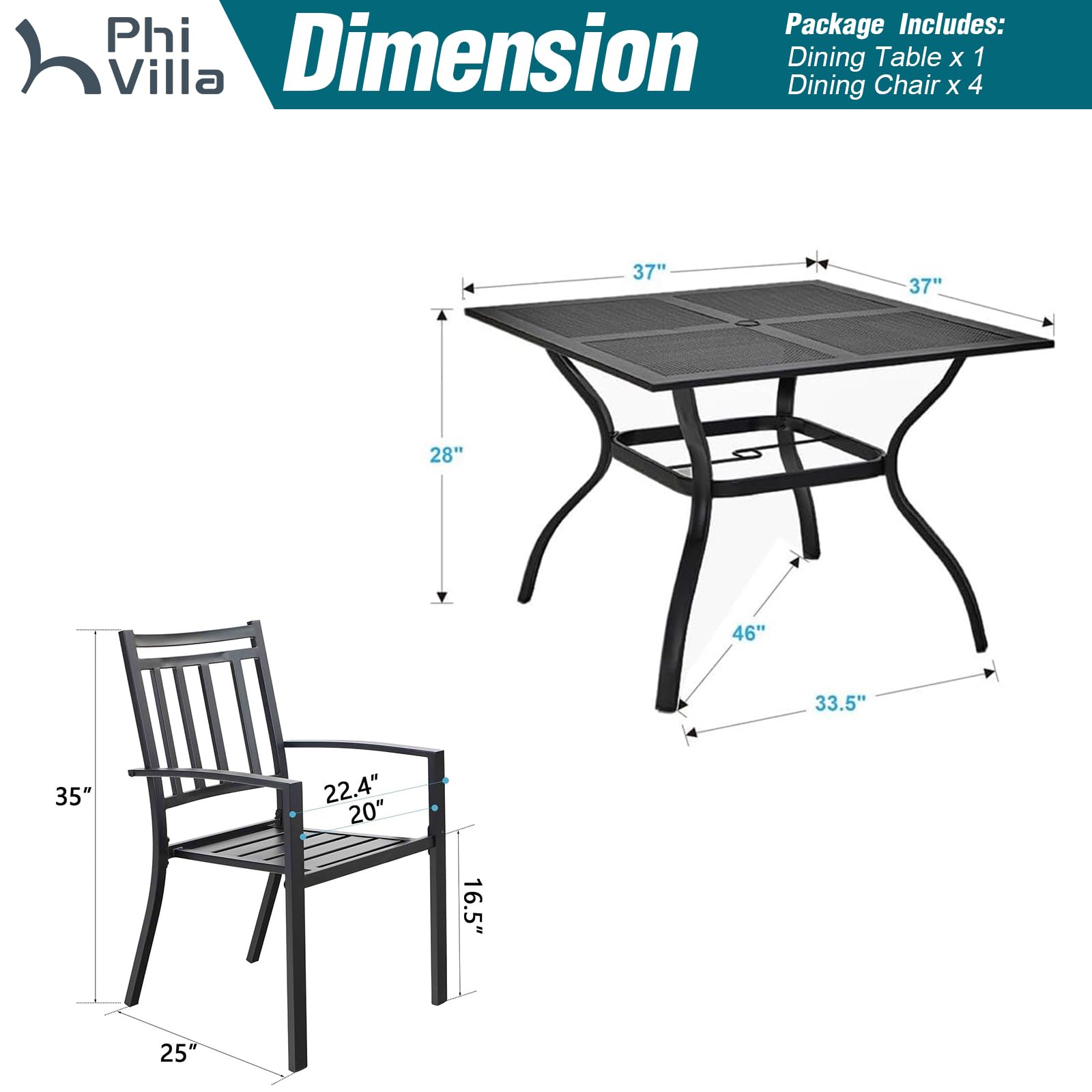 PHI VILLA 5-Piece Outdoor Dining Set - 4 Metal Patio Chairs & 1 Rectangular Umbrella Table - Durable Bistro Furniture for Backyard, Garden, Poolside & Restaurant Outdoor Seating