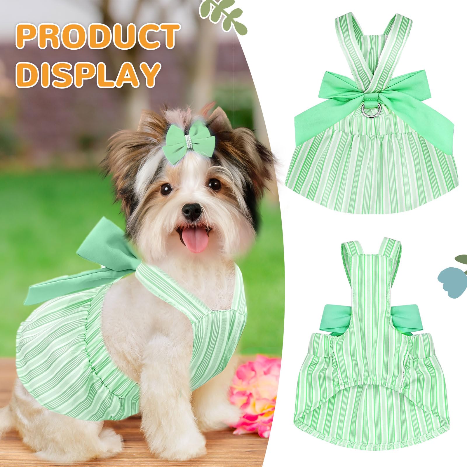 Cute Striped Summer Dog Dress with Bowknot - Small Dog Harness Outfit for Chihuahua, Yorkie, Pug & Female Cats (Green, Large) - Perfect for Birthday Parties & Outdoor Adventures
