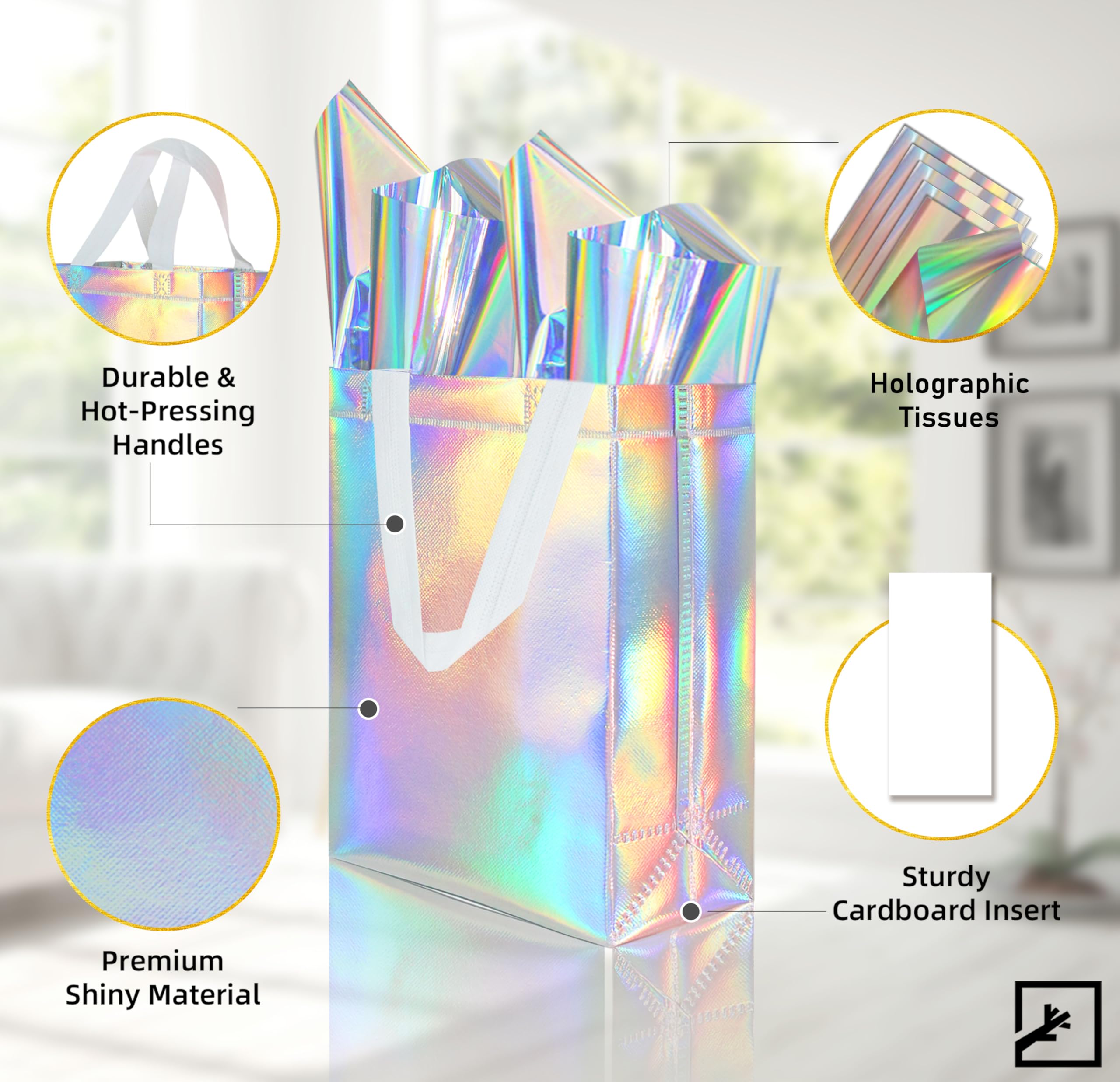 ZIFTY 15 Pcs Reusable Large Gift Bags with Handles - Bulk Non-Woven Goodie Bags with 30 Holographic Tissues for Easter, Birthday, Wedding & Holiday Party Favors (8