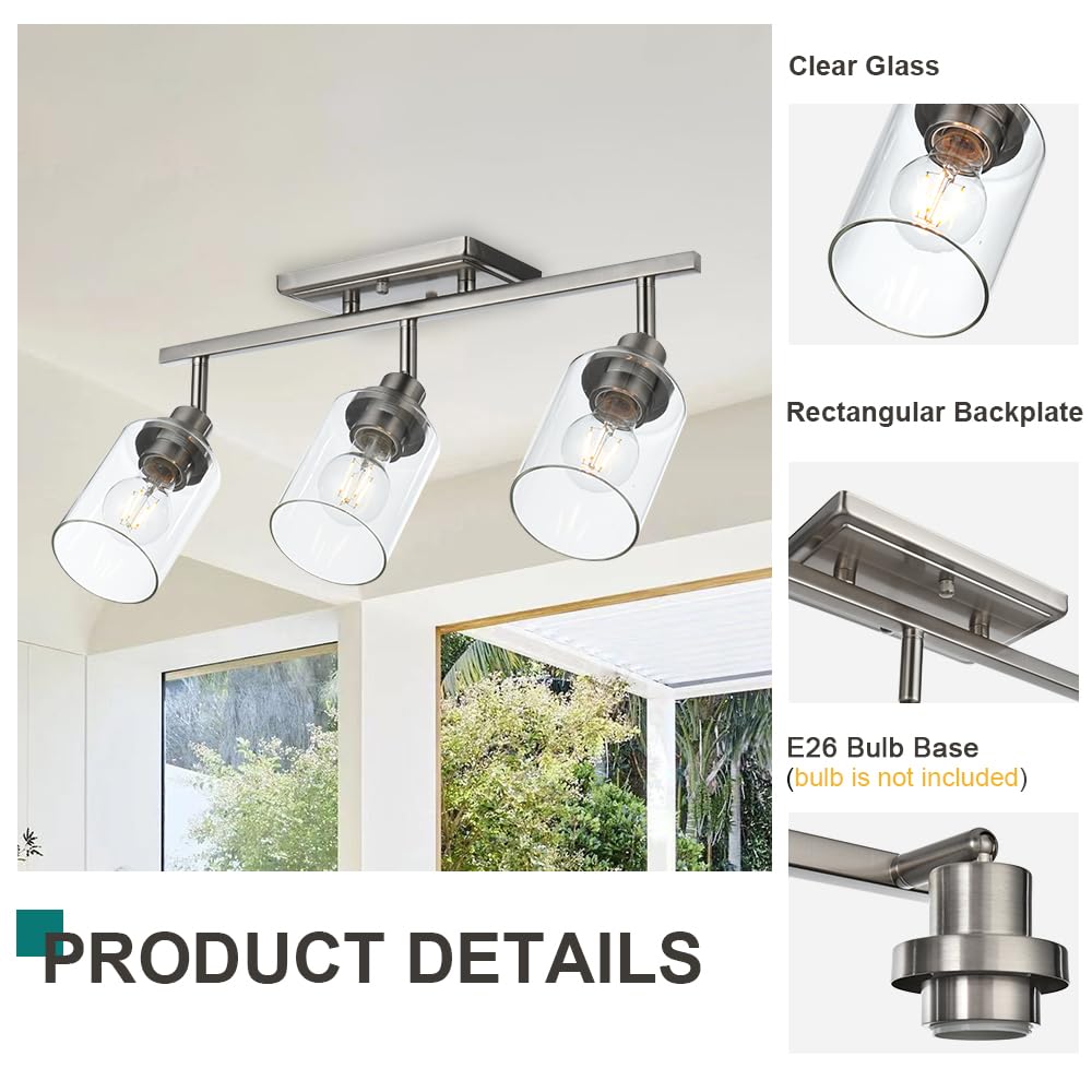 Modern Track Lighting Kit - Brushed Nickel Bathroom Vanity Light with Clear Glass Shade - 3 Adjustable Ceiling Spotlights for Kitchen, Living Room & Bedroom - Industrial Style Lighting Fixture for Home Decor