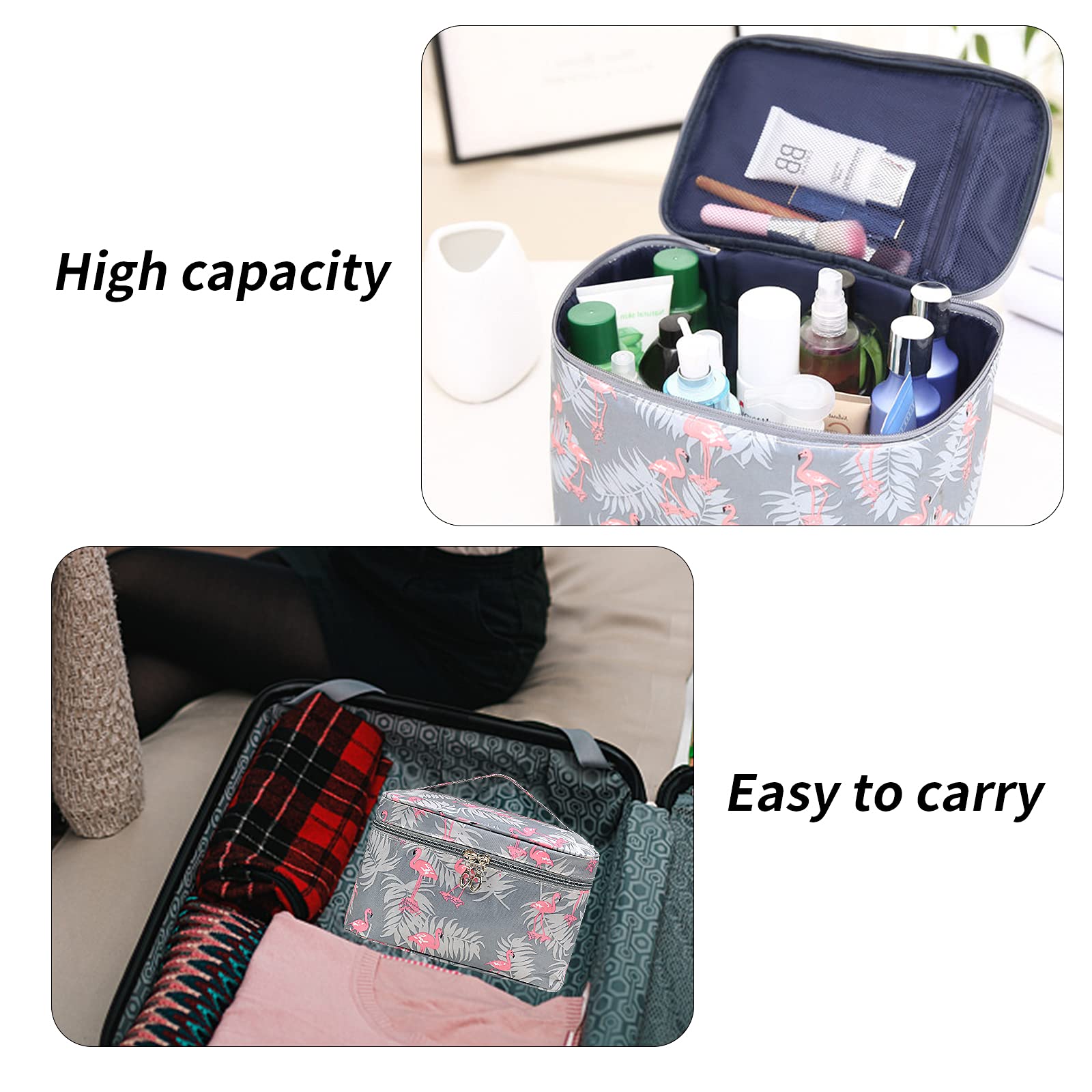 Waterproof Large Toiletry Bag for Women & Teen Girls - Double Zipper Travel Makeup Organizer with Handle, Flamingo Cosmetic Storage Wash Bag (Grey) - Perfect for Travel, Gym, Camping & Daily Use
