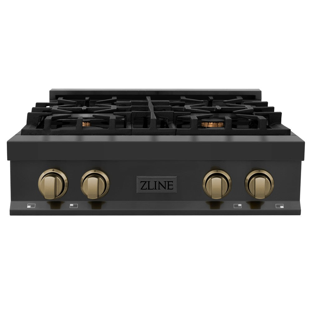 ZLINE Autograph Edition 30 Inch Gas Rangetop - 4 Burner Black Stainless Steel Cooktop with Champagne Bronze Accents | Professional Kitchen Stove for Home Chefs & Cooking Enthusiasts
