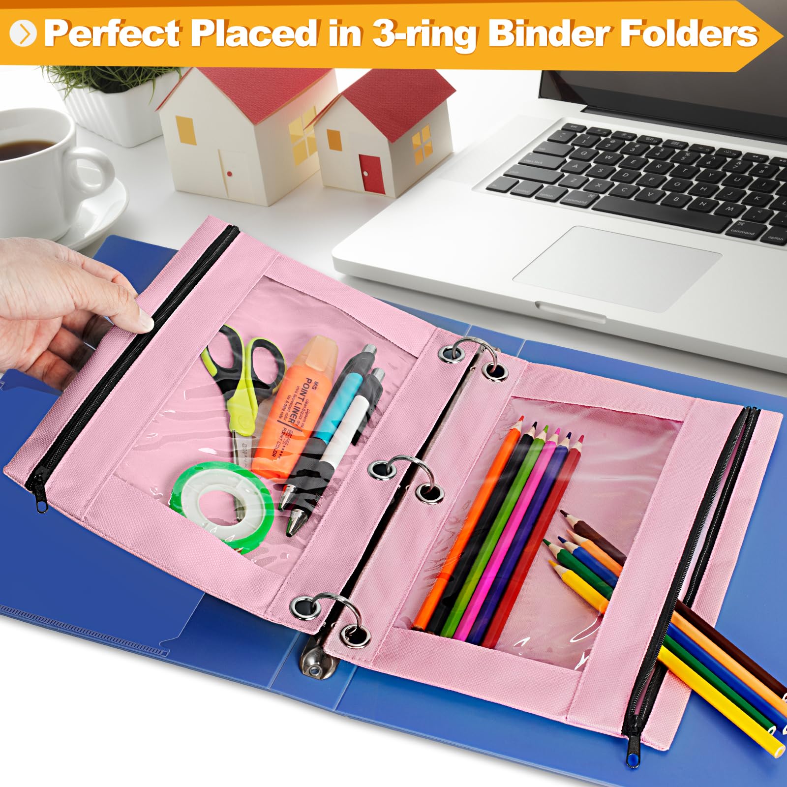 Officygnet 2-Pack Zippered Pencil Pouch for 3-Ring Binder - Clear Window School & Office Supply Organizer - Cloth Pencil Case with 3-Hole Binder Fit (Pink) - Perfect for Students, Teachers & Office Organization