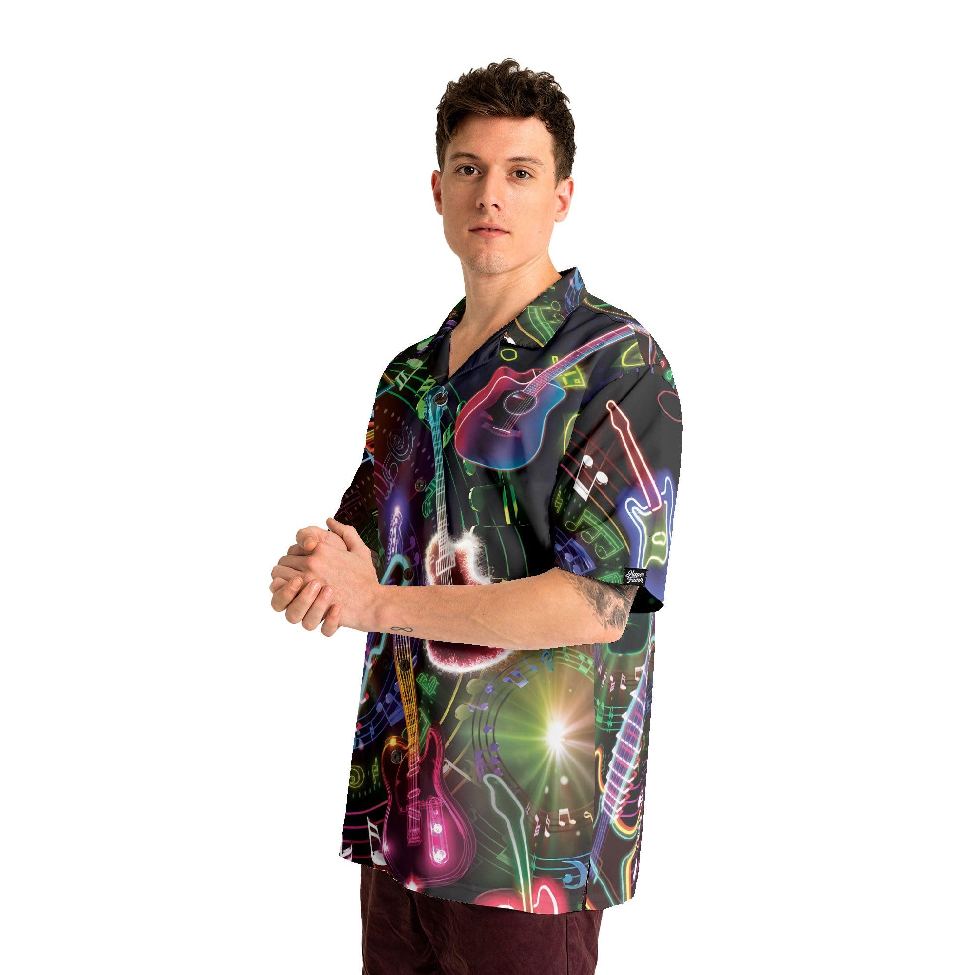 HYPERFAVOR Stylish Guitar Hawaiian Shirts for Men - Casual Short Sleeve Button Down Shirts - Perfect Gift for Musicians & Music Lovers - Great for Concerts, Beach Parties & Summer Outings