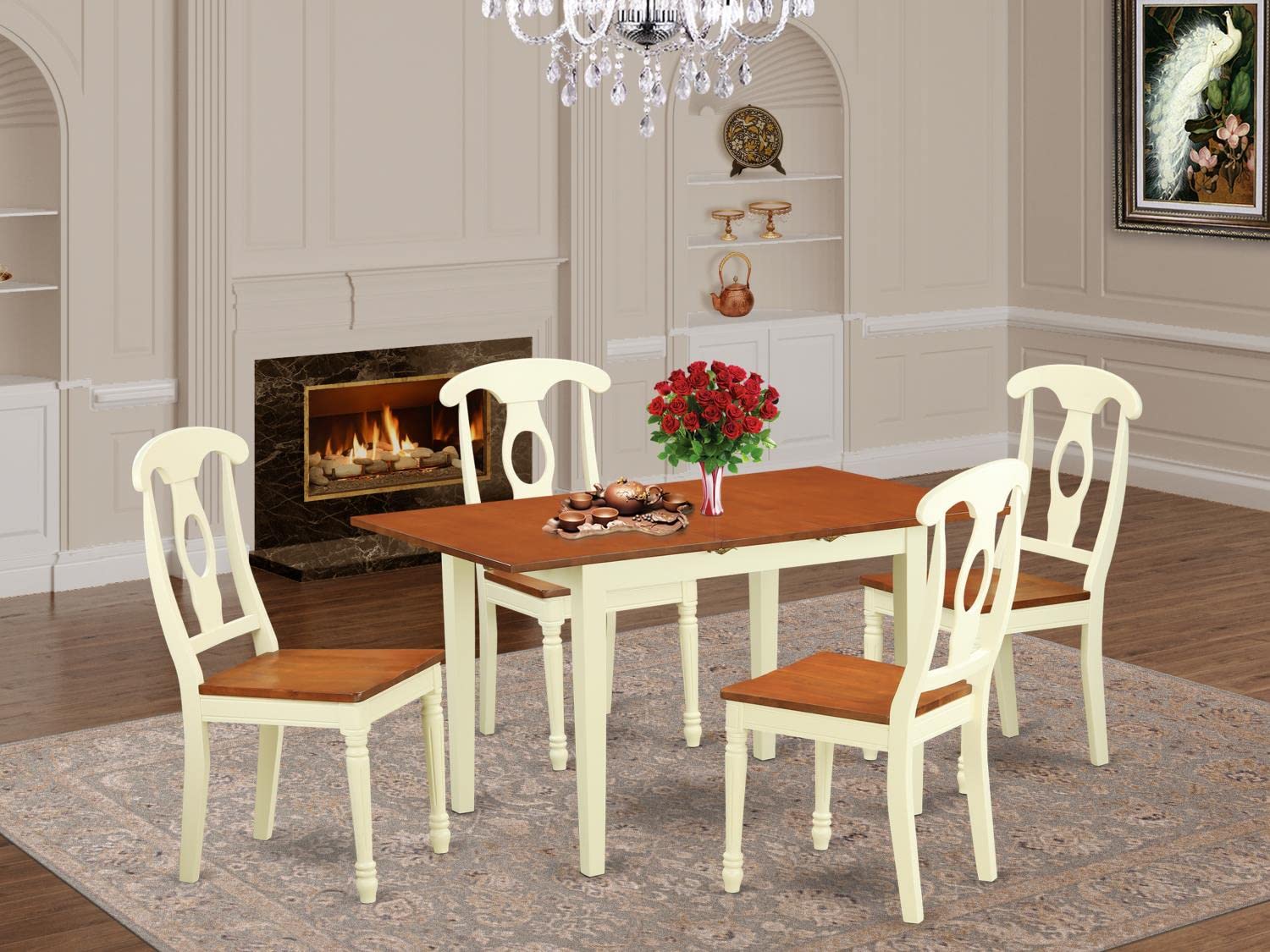 East West Furniture NOKE5-WHI-W 5-Piece Dining Set with Extendable Wood Table & 4 Chairs, 32x54 Inches, Buttermilk & Cherry - Perfect for Small Kitchens, Breakfast Nooks & Cozy Dining Spaces