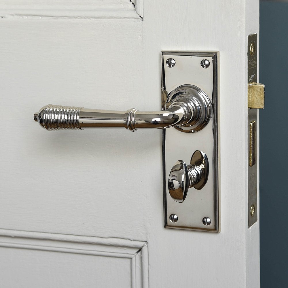 Polished Nickel Reeded Lever Door Handles with Bathroom Lock - Modern Cabinet & Closet Hardware for Home & Office Use