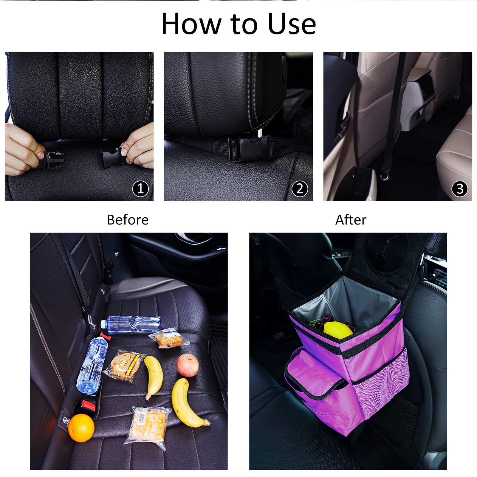 2 Pack Foldable Car Trash Bag - 3 Gallon Leakproof Auto Garbage Bin for Vehicles (Black & Purple) | Ideal for Road Trips, Commuting & Keeping Your Car Clean