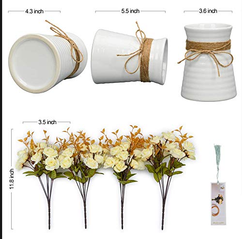 Artificial Silk Rose Bouquet with White Ceramic Vase - Fake Flower Arrangement for Home Decor, Wedding Centerpiece, Indoor Party Decoration (Milk White) | Perfect for Dining Table, Living Room, and Bridal Shower Decorations