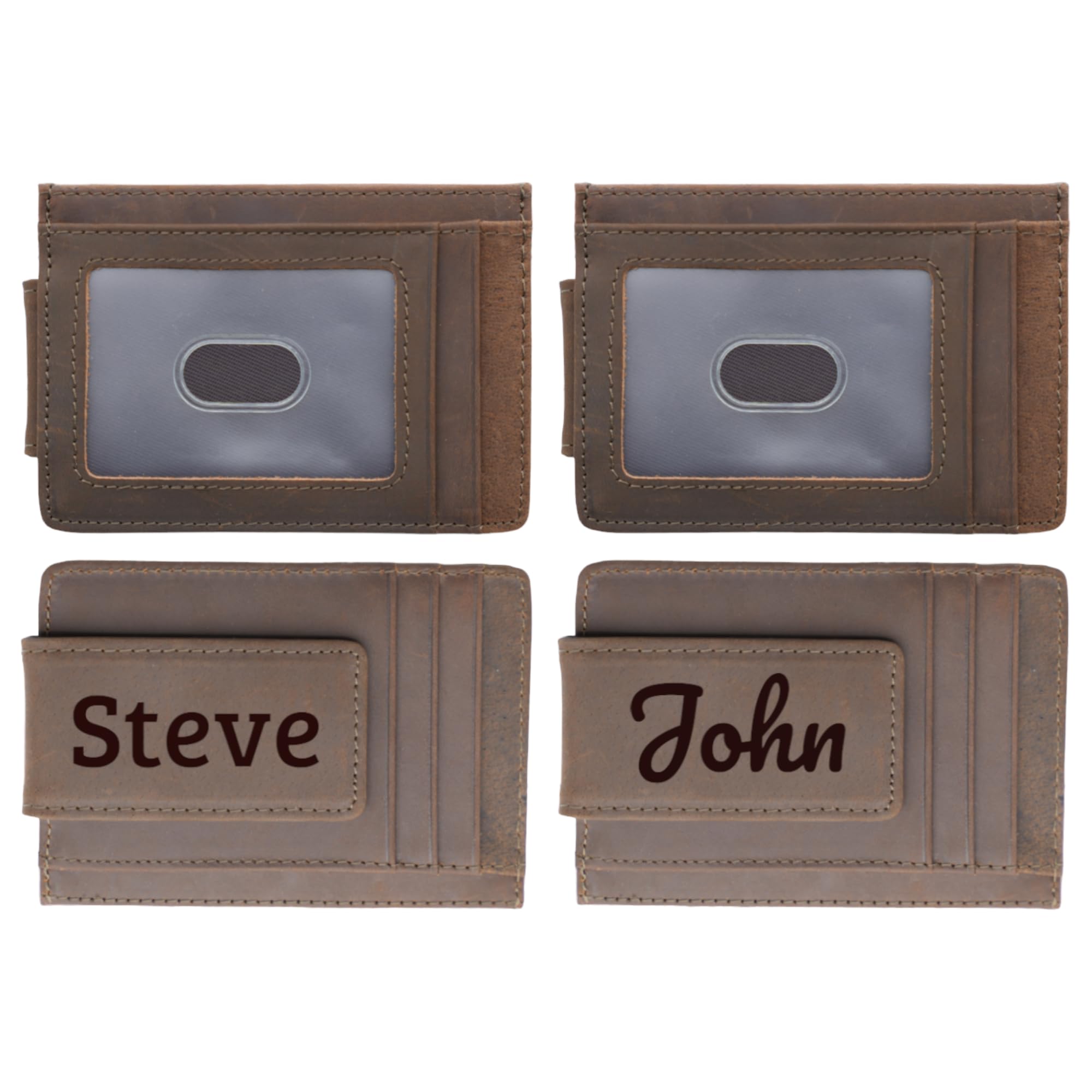 Personalized Leather Magnetic Money Clip Wallet for Men - RFID Blocking Credit Card Holder with ID Window & Strong Magnetic Clip - Laser Engraved Minimalist Wallet (Dark Brown) - Perfect Gift for Business Travel & Everyday Carry