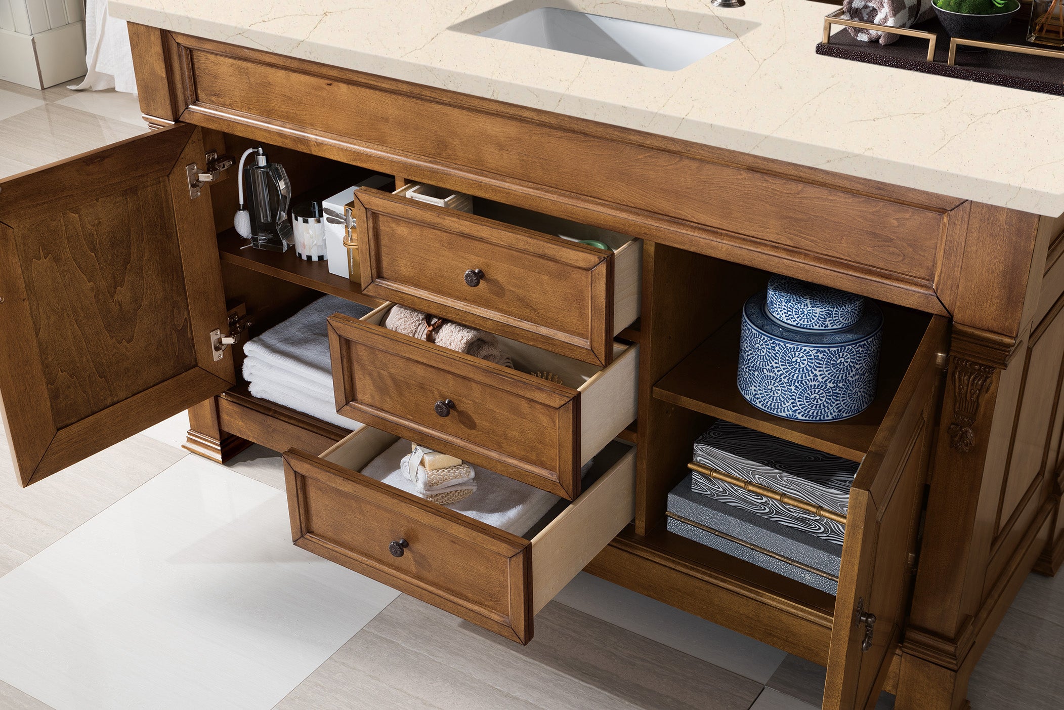 Brookfield 60 Inch Single Bathroom Vanity with Country Oak Finish & 3CM Eternal Marfil Quartz Countertop - Perfect for Modern Farmhouse, Rustic, or Traditional Bathroom Designs