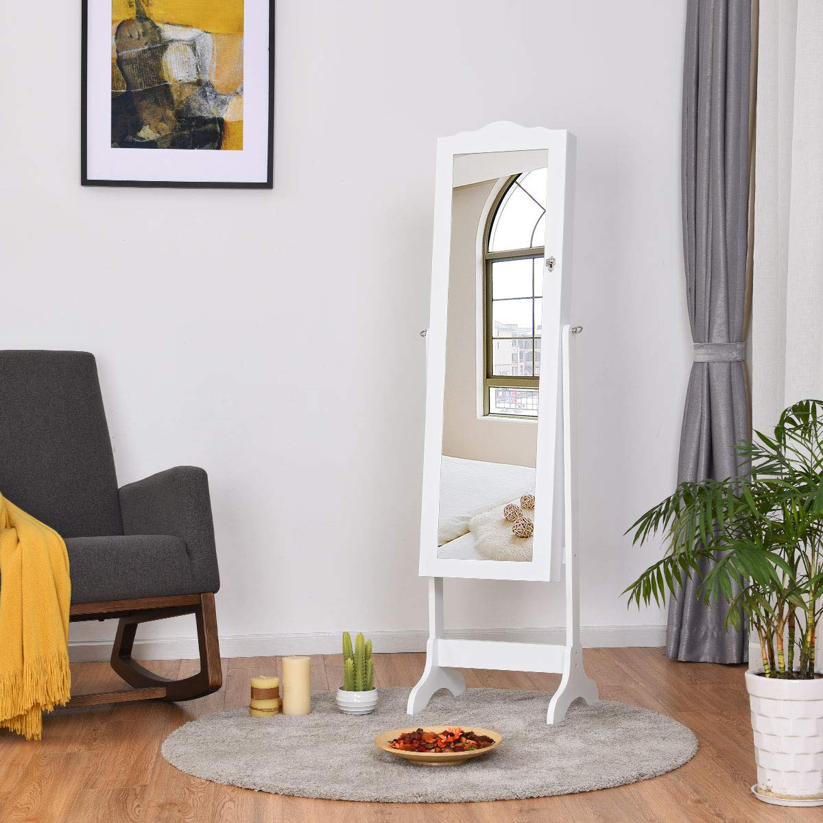 Giantex Floor Standing Jewelry Armoire Organizer with Full Length Mirror - 14 LED Lights, 2 Drawers, 4 Adjustable Angles & Lockable Storage - White Jewelry Cabinet for Bedroom, Closet & Dressing Room