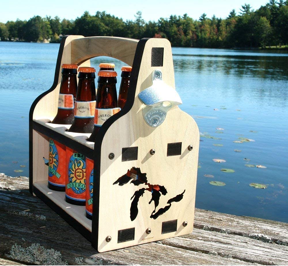 Premium Wooden Beer Caddy with Built-in Bottle Opener - 6 Pack Beer Bottle Holder for Great Lakes Brews | Perfect for Tailgating, BBQs & Outdoor Parties