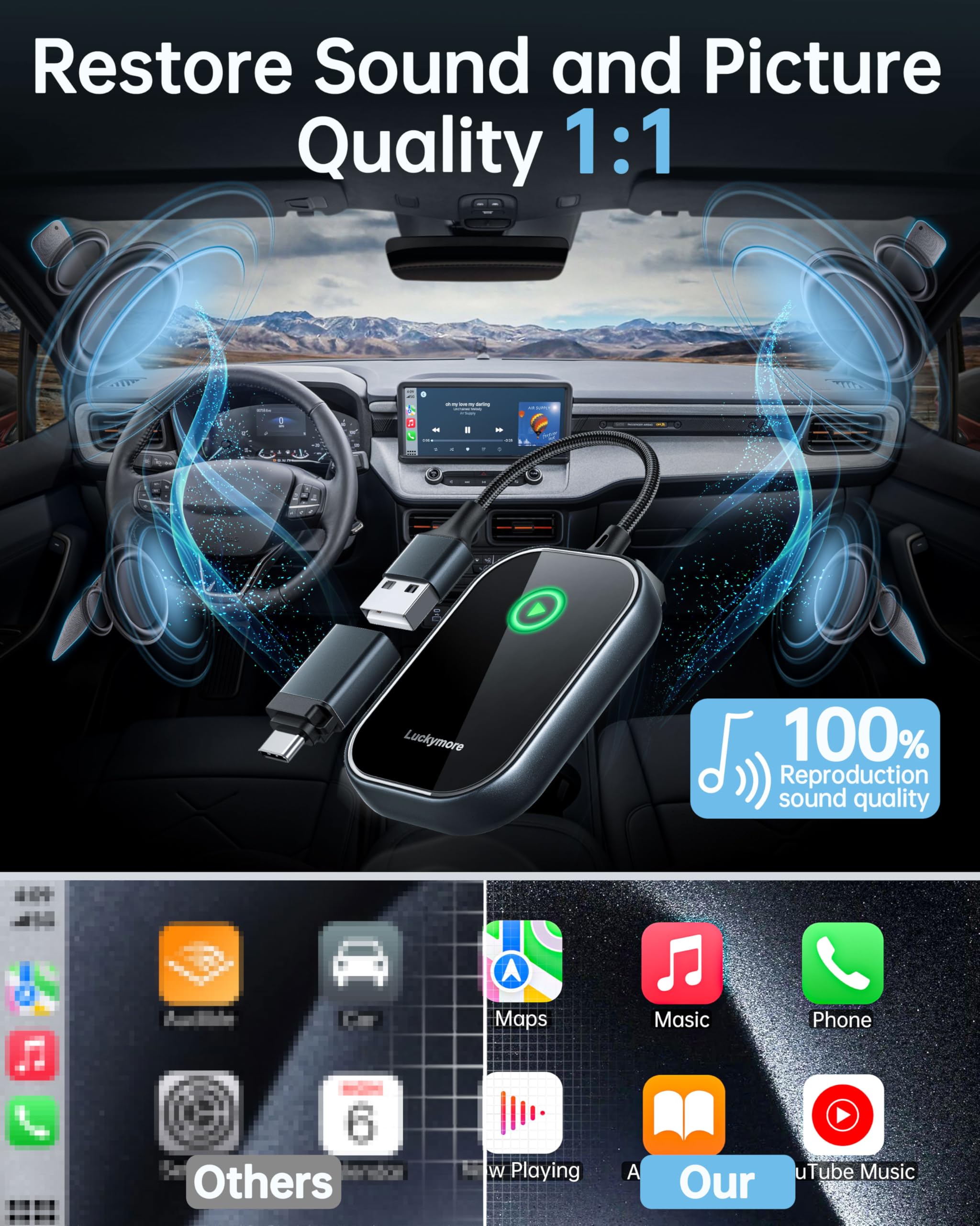 Luckymore Wireless CarPlay Adapter - Convert Wired to Wireless CarPlay Dongle for iPhone iOS 10+ | Plug & Play | Compatible with Cars 2017+ | Perfect for Hands-Free Driving & Music Streaming