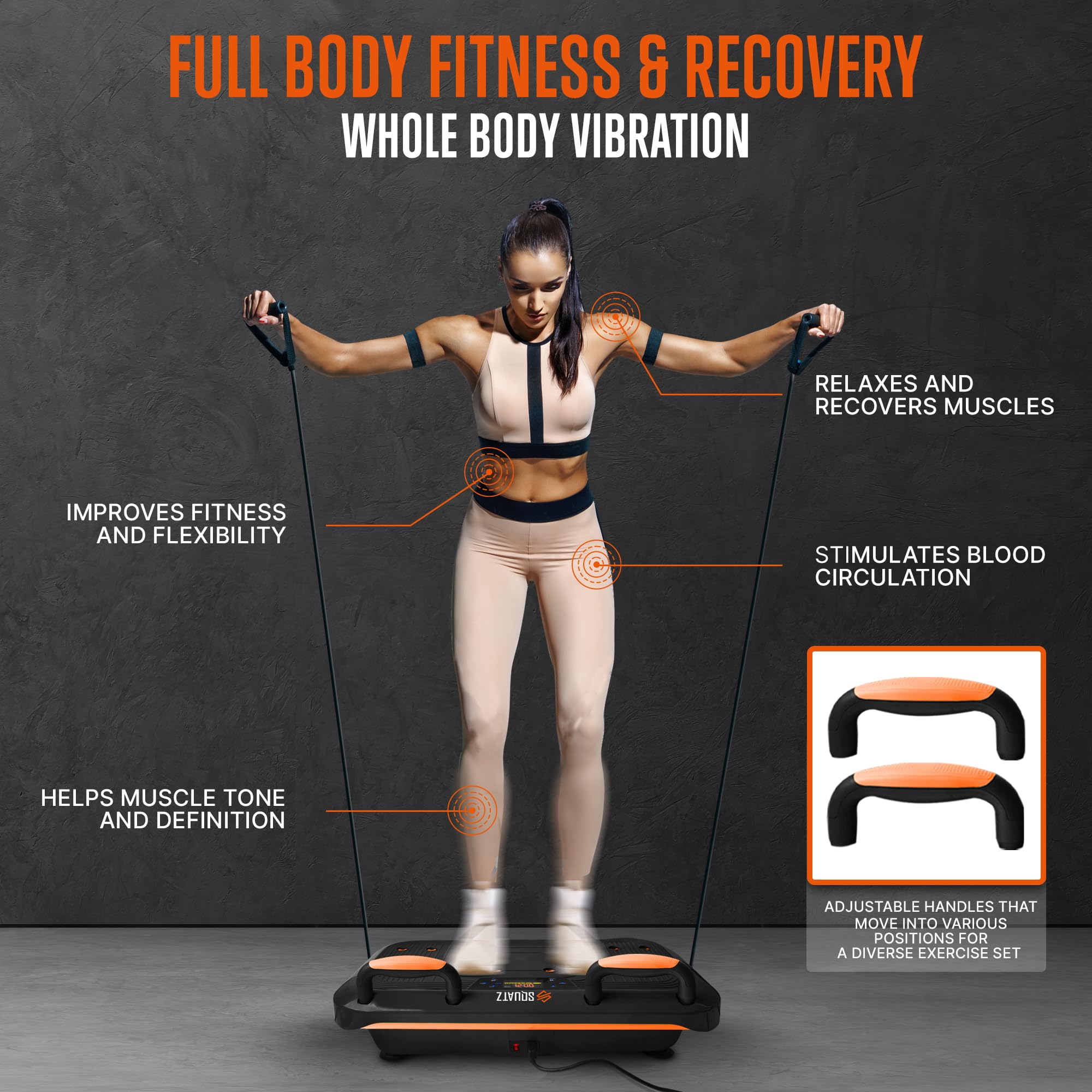 SQUATZ Vibration Plate Exercise Machine with 5 Resistance Bands & Pilates Bar - Whole Body Vibration Platform for Weight Loss, Pain Relief & Lymphatic Drainage - Home Gym Equipment for Fitness, Physical Therapy & Muscle Recovery