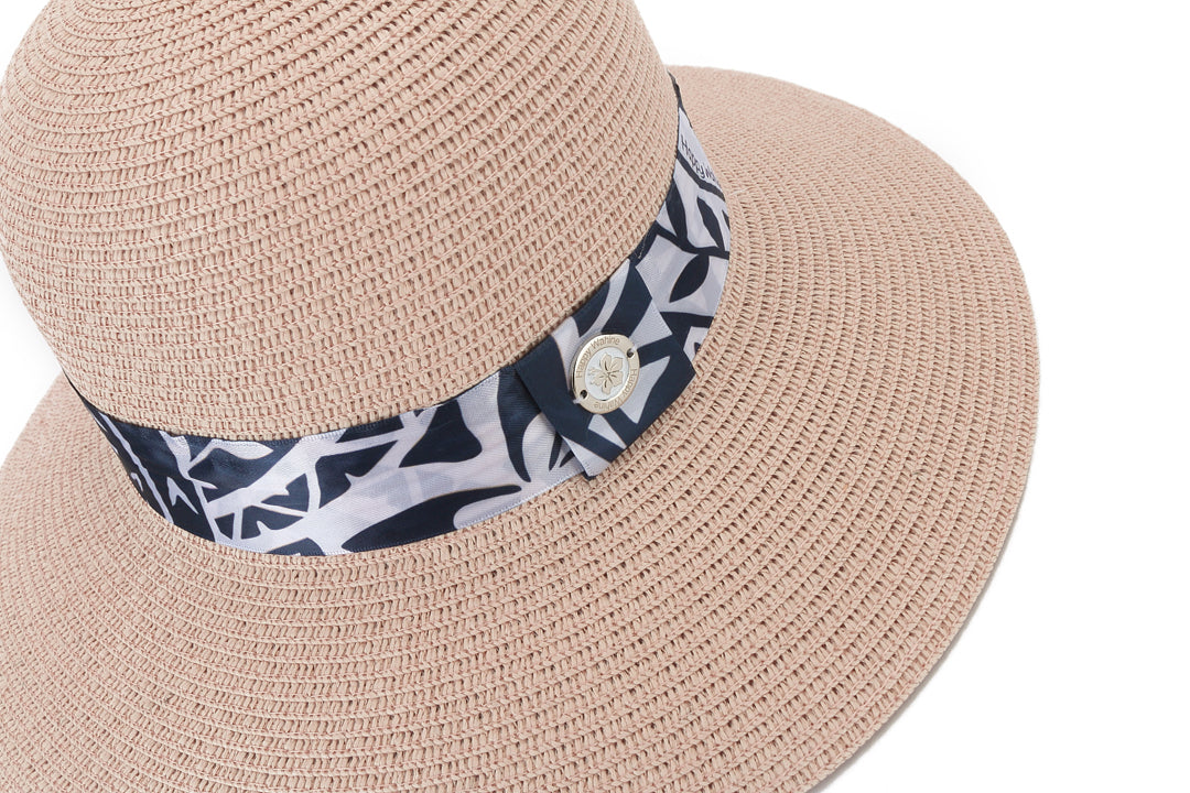 Elegant Pink Orchid Floral Print Hat for Women - Navy Blue Sun Hat with Wide Brim for Beach, Garden, and Outdoor Activities