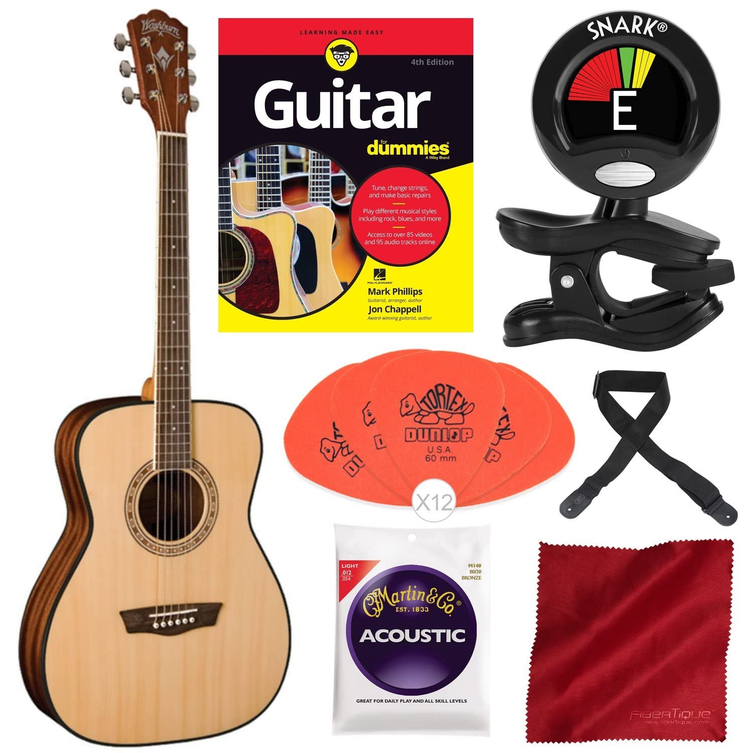 Washburn Apprentice 5 Series AF5K Folk Acoustic Guitar Bundle with Beginner Kit - Includes Guitar for Dummies Book, Strings, Tuner & Starter Accessories - Perfect for Learning, Practice & Live Performances