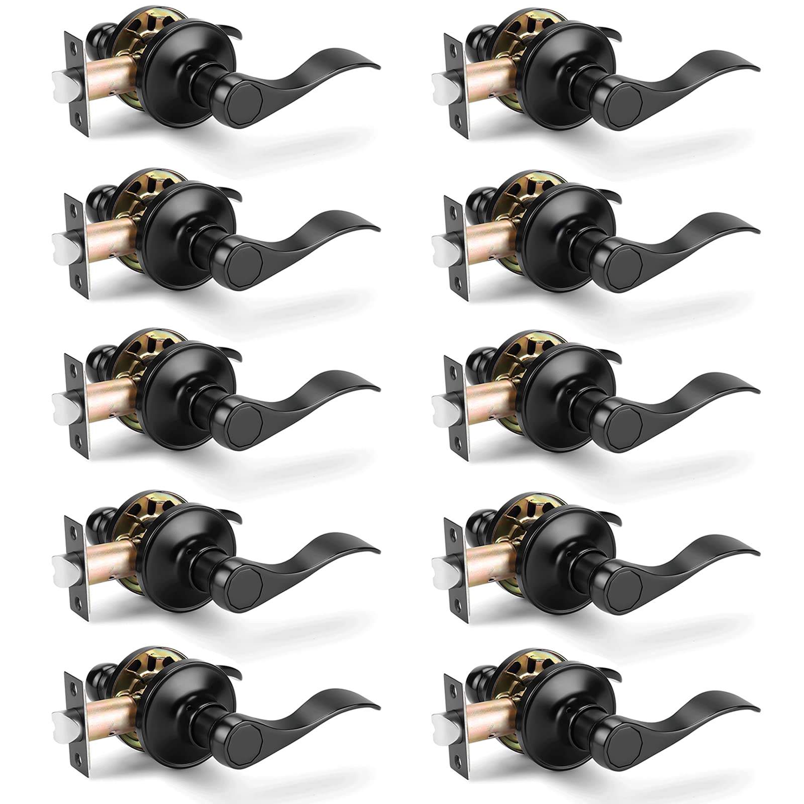 Gobrico 10 Pack Black Matte Interior Door Levers - Hall & Closet Passage Handles, Wave/Drop Style No Locking Door Knobs for Bedroom, Bathroom & Office Doors