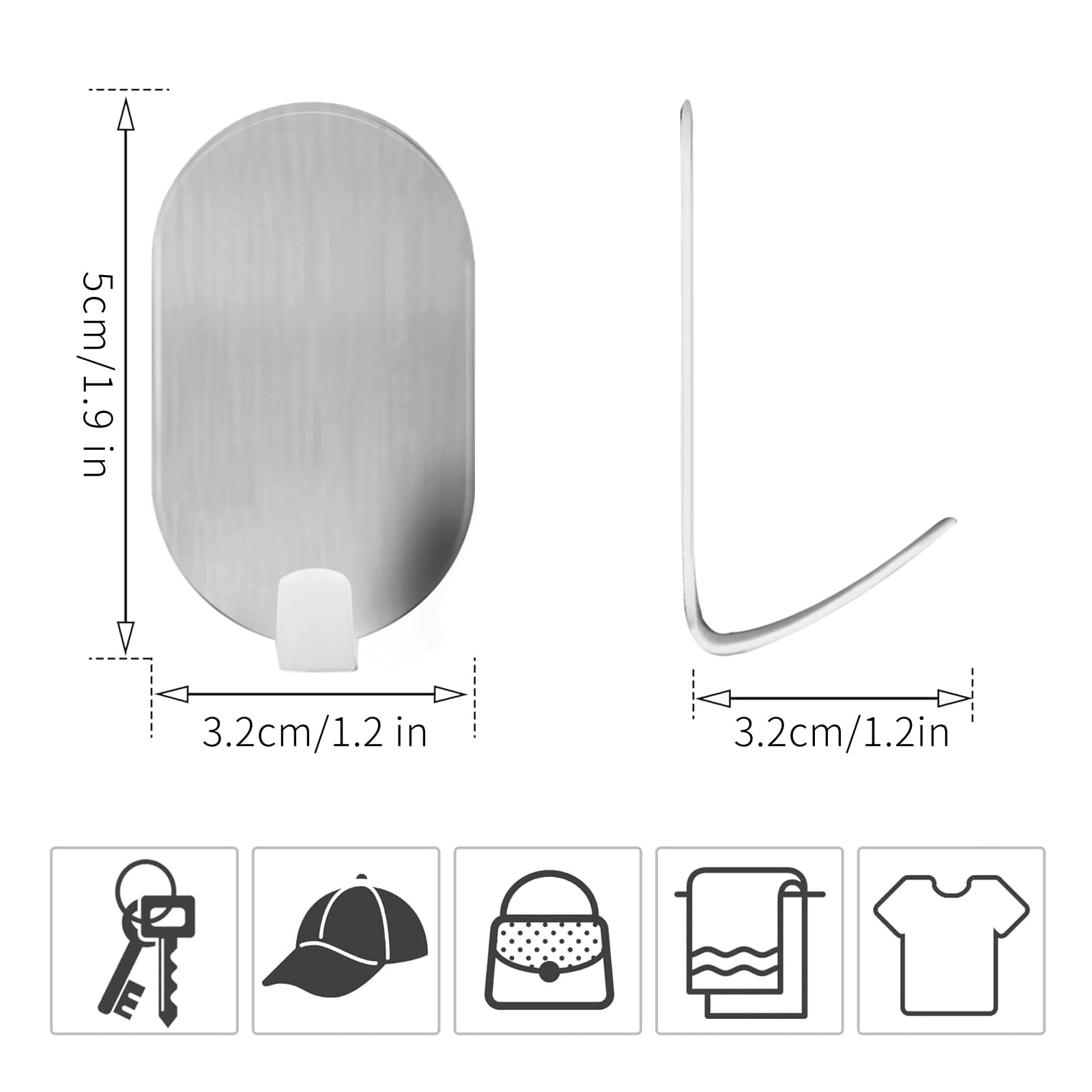 10-Pack Stainless Steel Adhesive Hooks - Heavy Duty Wall Hangers for Coats, Towels, Keys & More | Self-Adhesive Metal Utility Hooks for Home, Office & Bathroom Organization (Silver)
