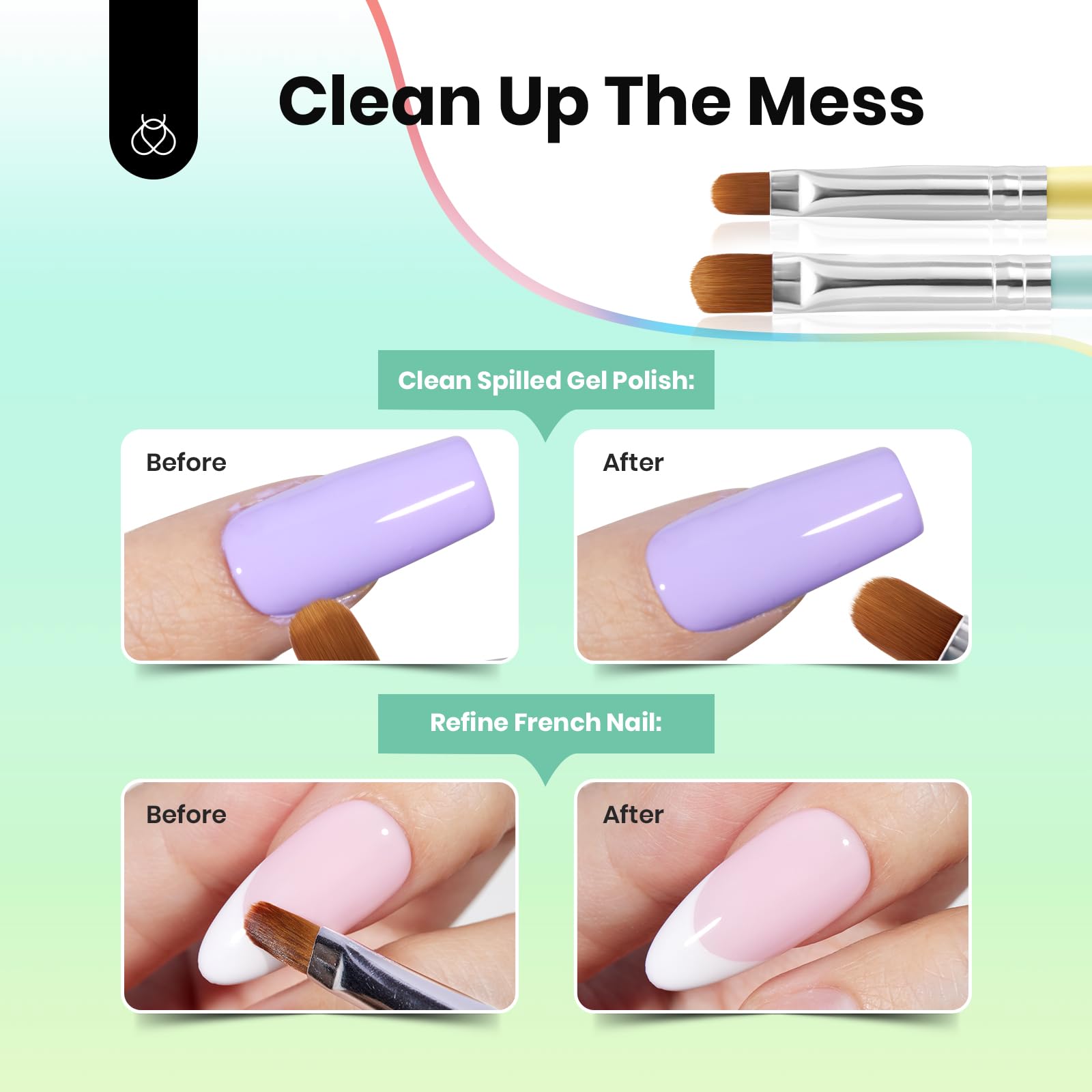Beetles Nail Art Clean Up Brushes Set - 2 PCS Professional Nail Brushes with Dotting Tool for Acrylic Nails, French Tips & Nail Art Design (Size 16 + Size 6) | Perfect for Salon, Home Manicure & DIY Nail Art