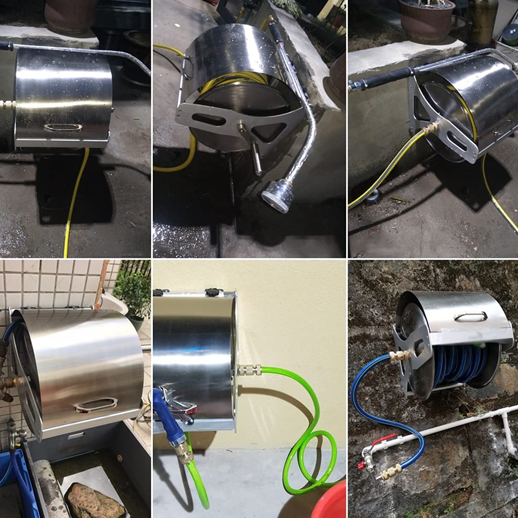 Stainless Steel Garden Hose Reel Cart with Hose & Cover - Wall Mounted Water Pipe Rack for Car Washing, Lawn Watering & Gardening | Durable Outdoor Hose Organizer for Home & Yard Maintenance