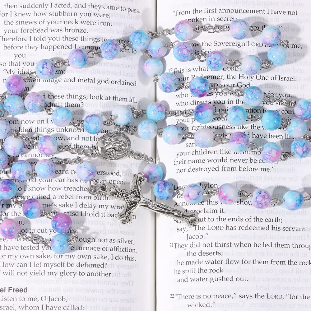 Blue Crystal Rosary Beads for Women - Catholic Prayer Necklace with Vintage Last Supper Jewelry Box - Anglican Christian Gift for Baptism, First Communion & Daily Devotion