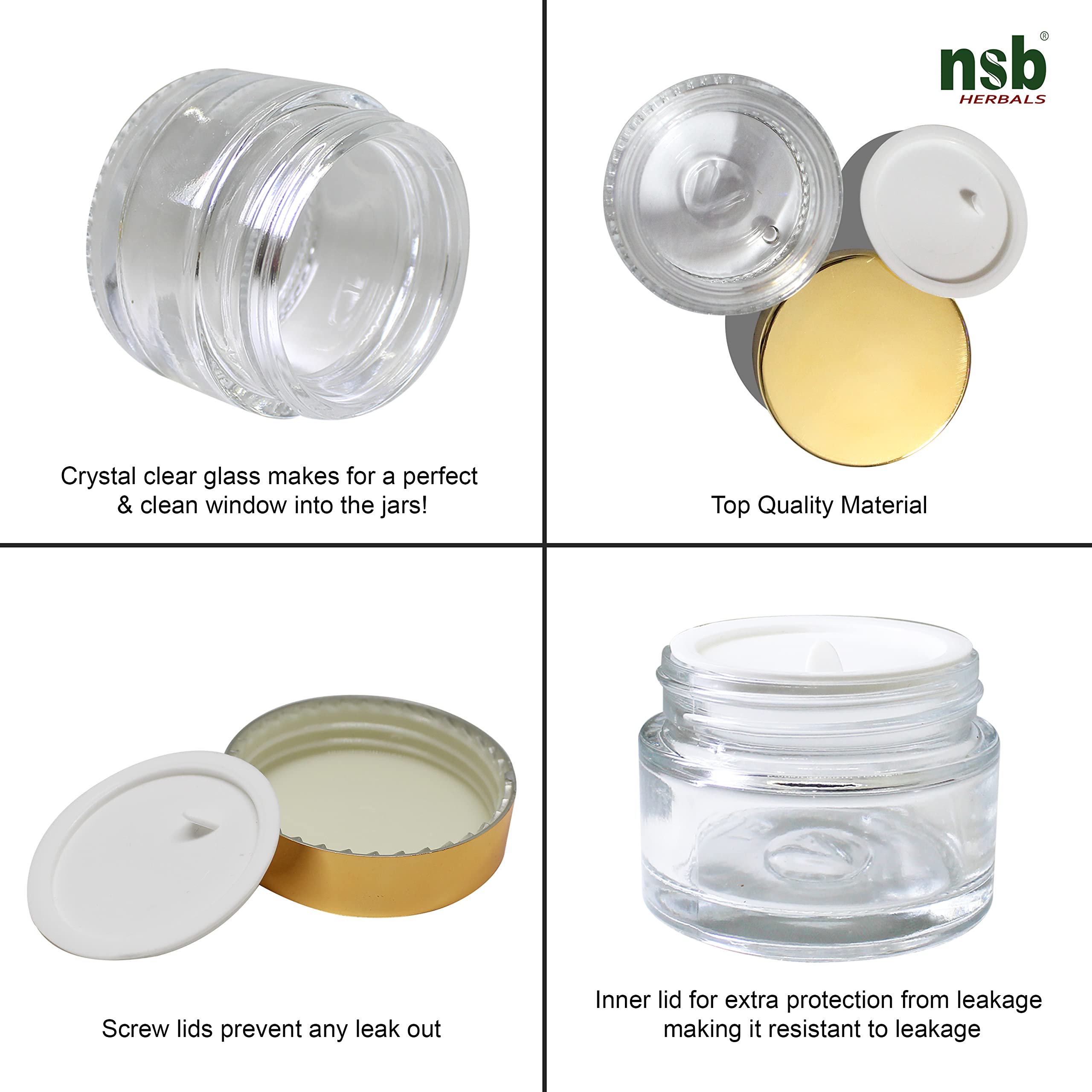 Premium 50ml Empty Round Glass Cosmetic Jars with Golden Cap & White Inner Lids - 3 Pack for Creams, Balms, Face Scrubs & Body Butter - Perfect for DIY Skincare, Travel Size Toiletries & Gift Packaging