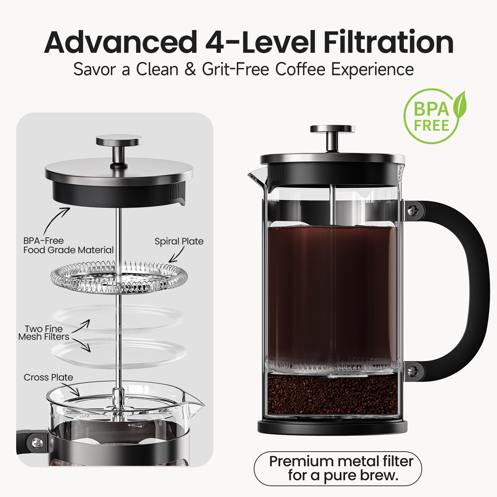 BAYKA 21oz French Press Coffee Maker - 0.6L Small Single Serve Brewer with Heat Resistant Borosilicate Glass & Stainless Steel - Perfect for Home, Office, Camping & Cold Brew Tea Making - Dark Pewter