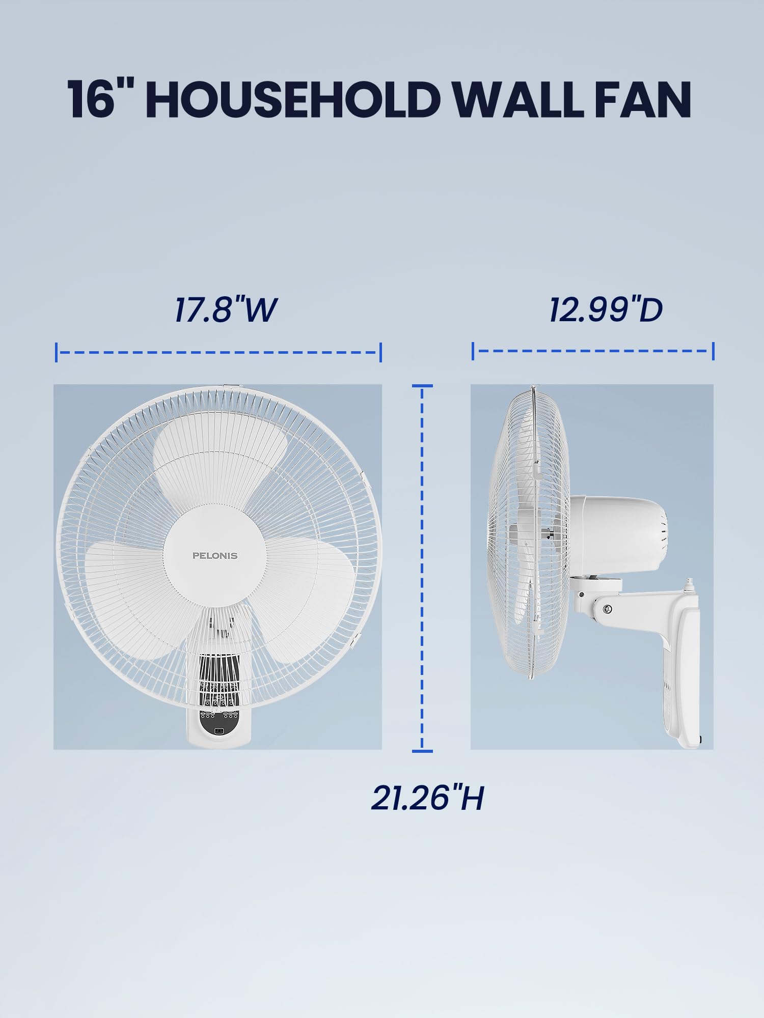 PELONIS 16 Inch Wall Mount Fan - 3 Speed Oscillating Fan with Adjustable Tilt, High Velocity Wall Mounted Fan for Home, Garage, Patio, Bedroom - 2 Pack White - Perfect for Cooling Large Spaces and Improving Air Circulation