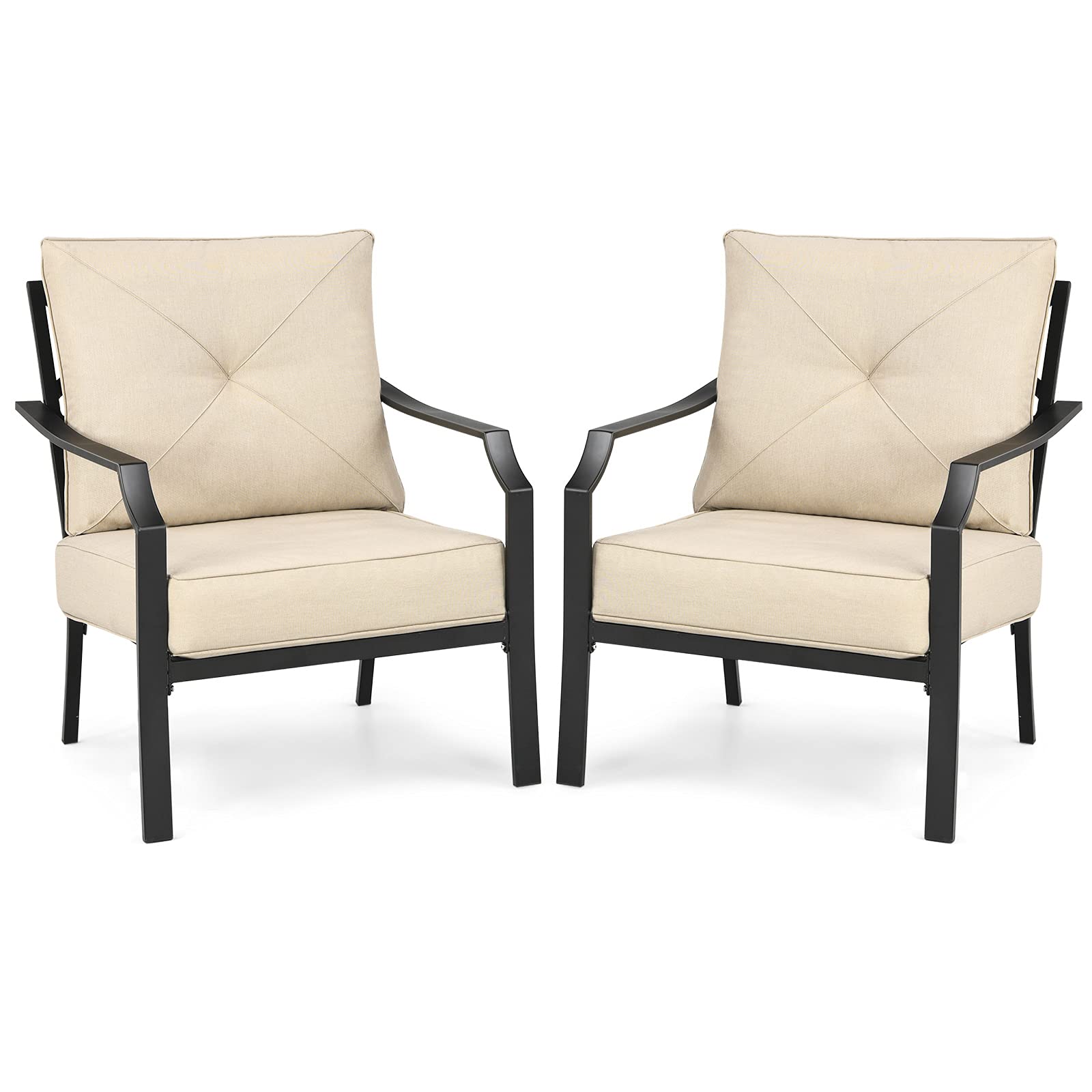 Tangkula 2-Piece Outdoor Dining Chairs Set - Steel Frame Patio Bistro Armchairs with Thick Cushions for Garden, Porch, Backyard & Balcony | Weather-Resistant Beige Lounge Chairs for Relaxing & Entertaining