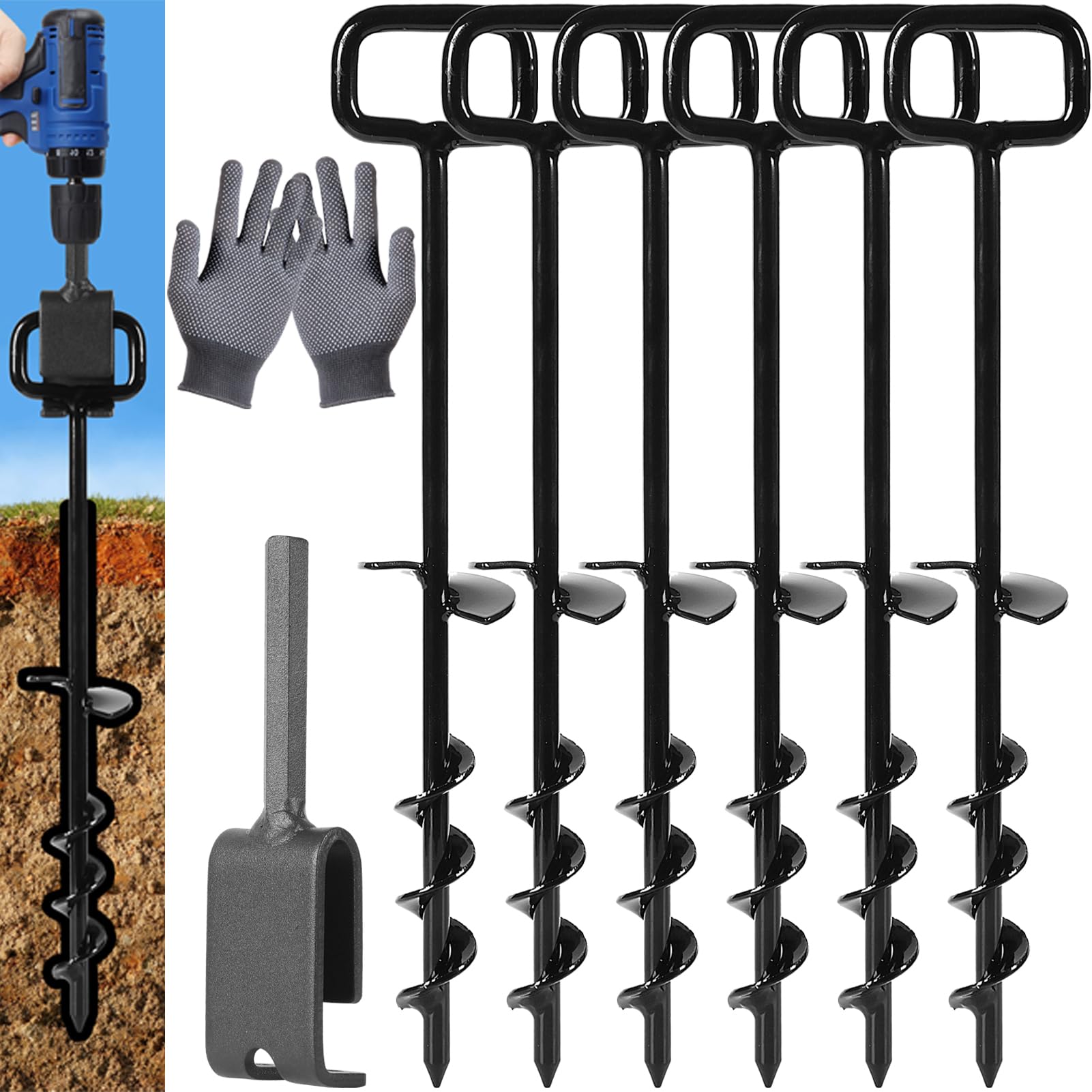 16-Inch Heavy Duty Tent Stakes & Ground Anchors - 6PCS Screw-in Camping Anchors with Adapter for Tents, Mobile Homes & Tree Straightening - Durable Black Outdoor Anchoring Kit for Camping, RV & Storm Protection