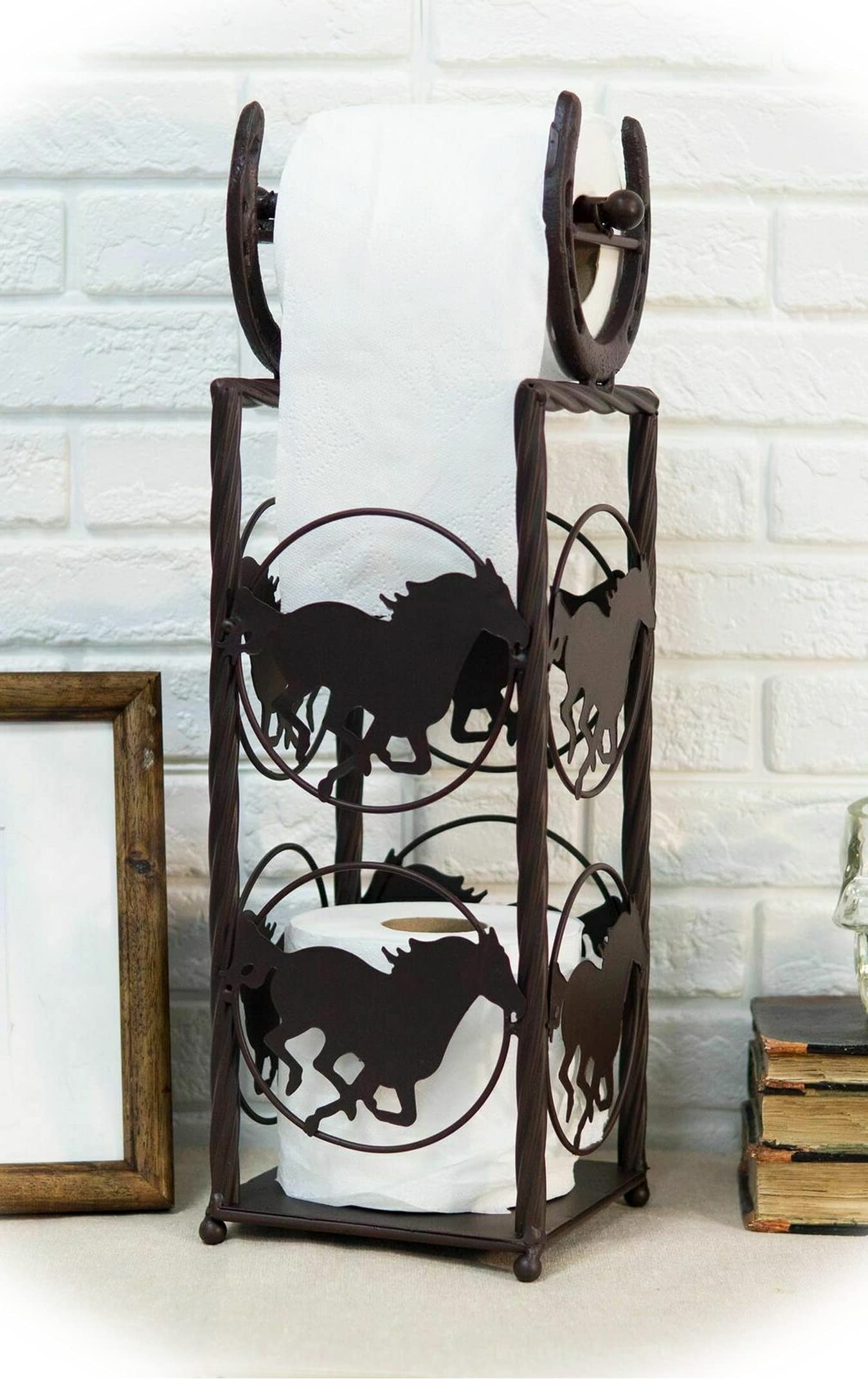 Vintage Western Rustic Cast Iron Horse & Horseshoes Toilet Paper Holder Stand - Unique Farmhouse Bathroom Decor for Rustic, Western, or Cowboy Themed Homes - Perfect for Ranch, Cabin, or Country Style Bathrooms