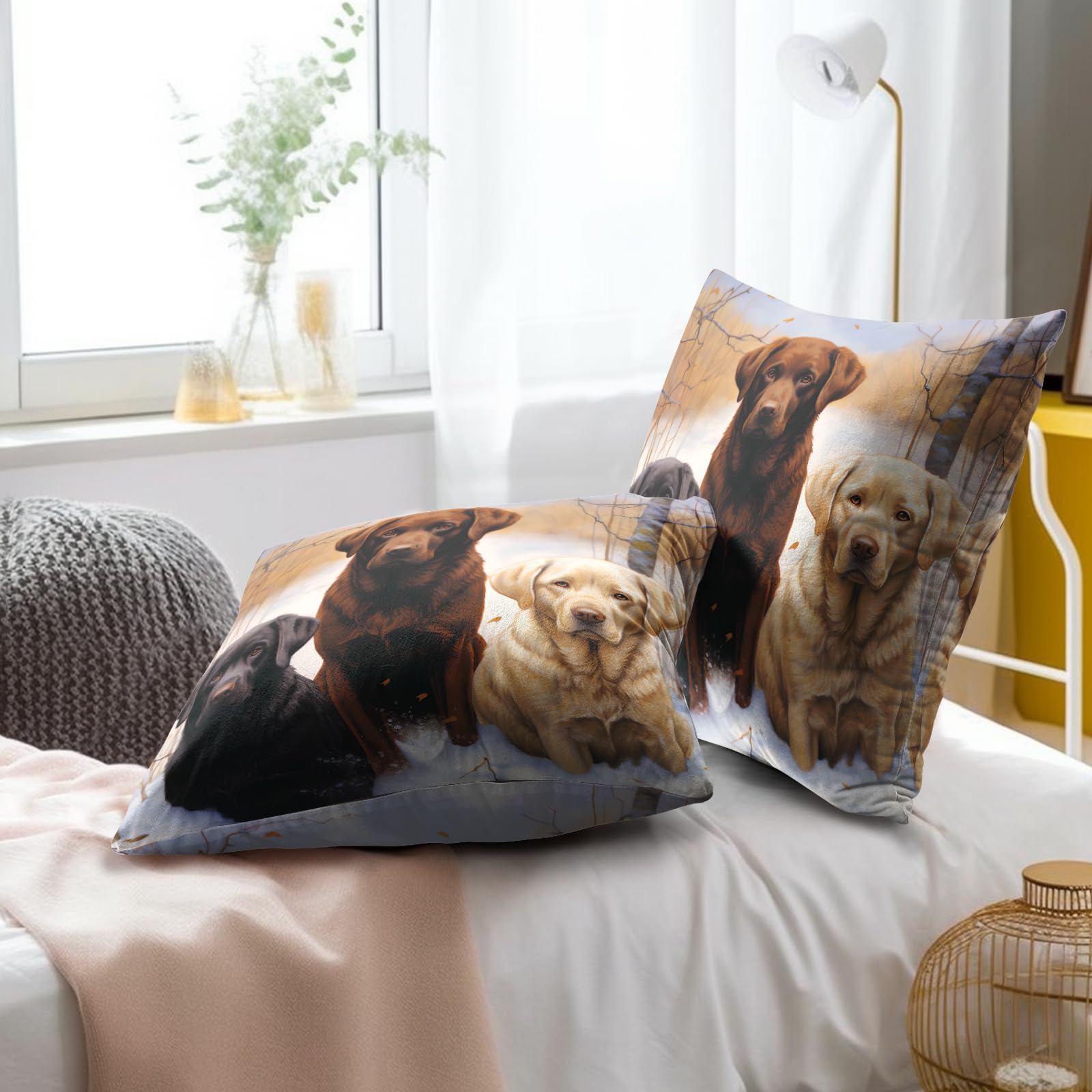 2 Pack Labrador Retriever Throw Pillow Covers - 18x18 Inch Soft Cotton Dog Pillow Cases with Black, White & Brown Dog Patterns, Perfect for Sofa, Bed & Home Decor - Cute Pet Lover Gift Idea for Dog Owners