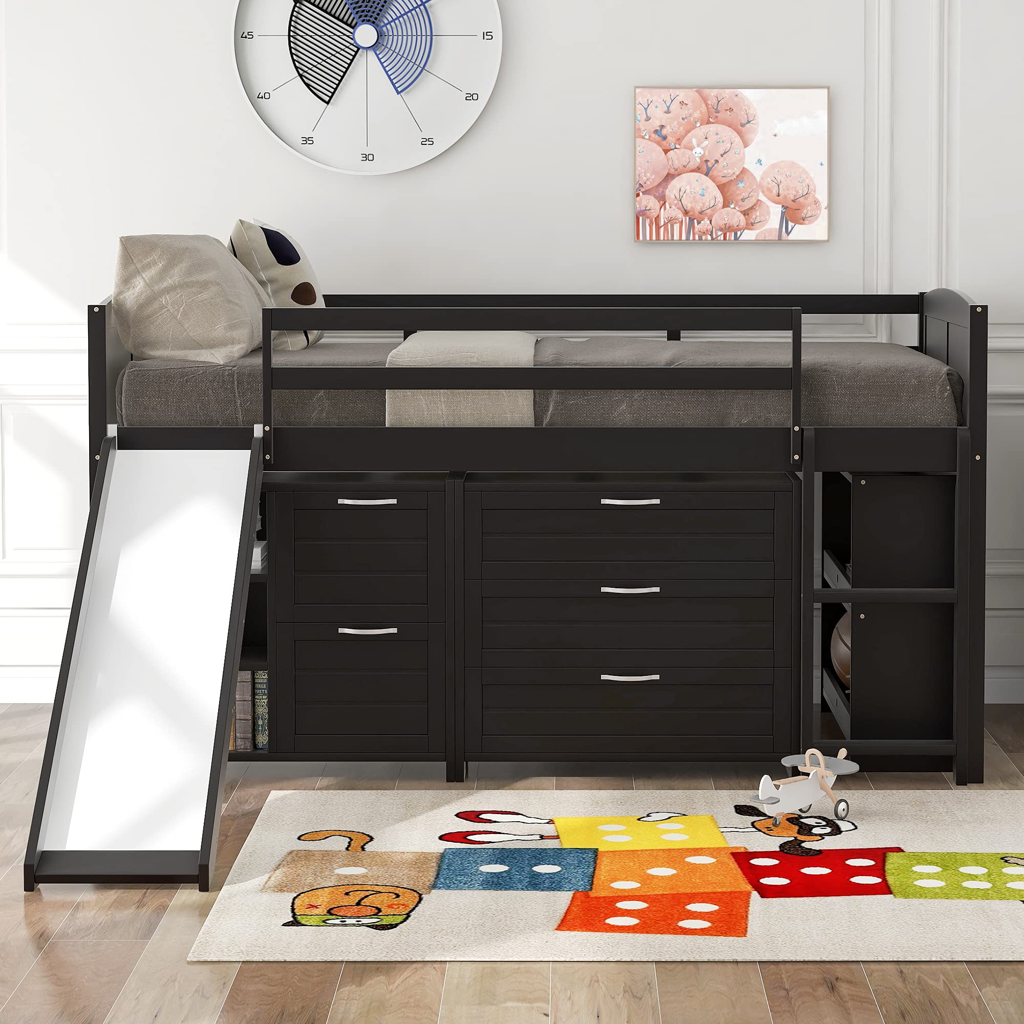 **Low Loft Bed with Slide for Kids - Twin Size Solid Wood Bed Frame with Drawers, Cabinet & Shelf - Espresso Finish - Perfect for Small Bedrooms & Playrooms**