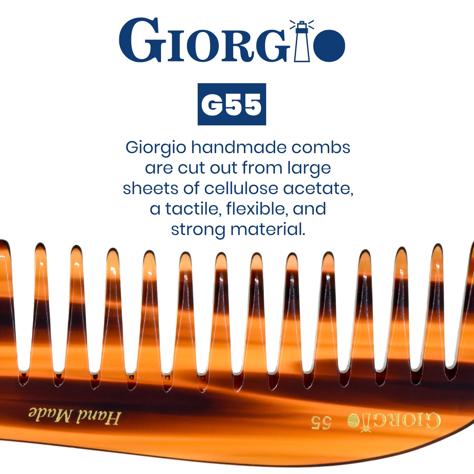 Giorgio G55 Wide Tooth Comb for Wet Hair - Detangling Comb for Thin to Medium Thickness Hair - Handmade Large Tooth Rake Comb for Women (Saw-Cut & Hand Polished) - Perfect for Shower, Salon & Daily Hair Care