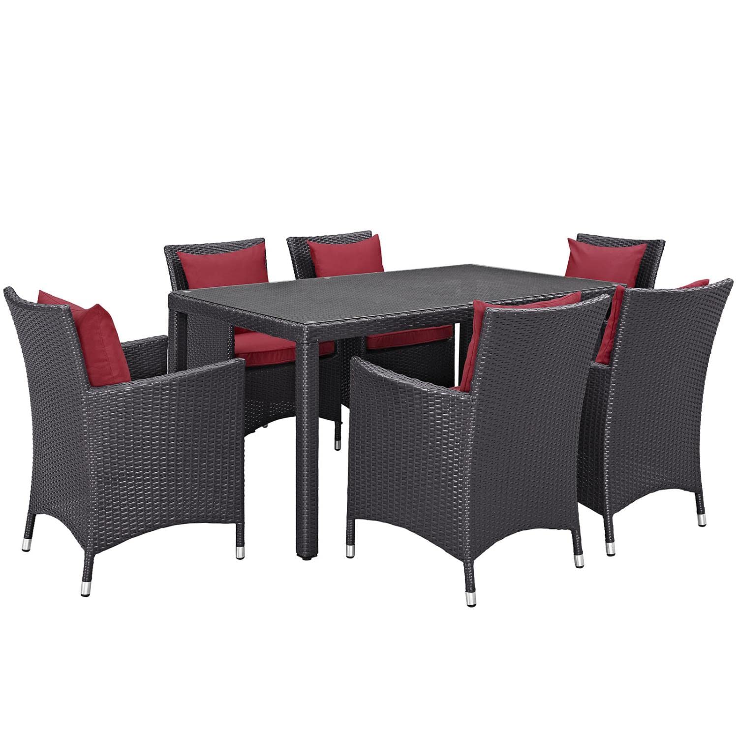 Modway EEI-2241 7-Piece Wicker Rattan Outdoor Patio Dining Set - Espresso Red, Seats 6 | Perfect for Backyard BBQs, Poolside Gatherings & Garden Entertaining