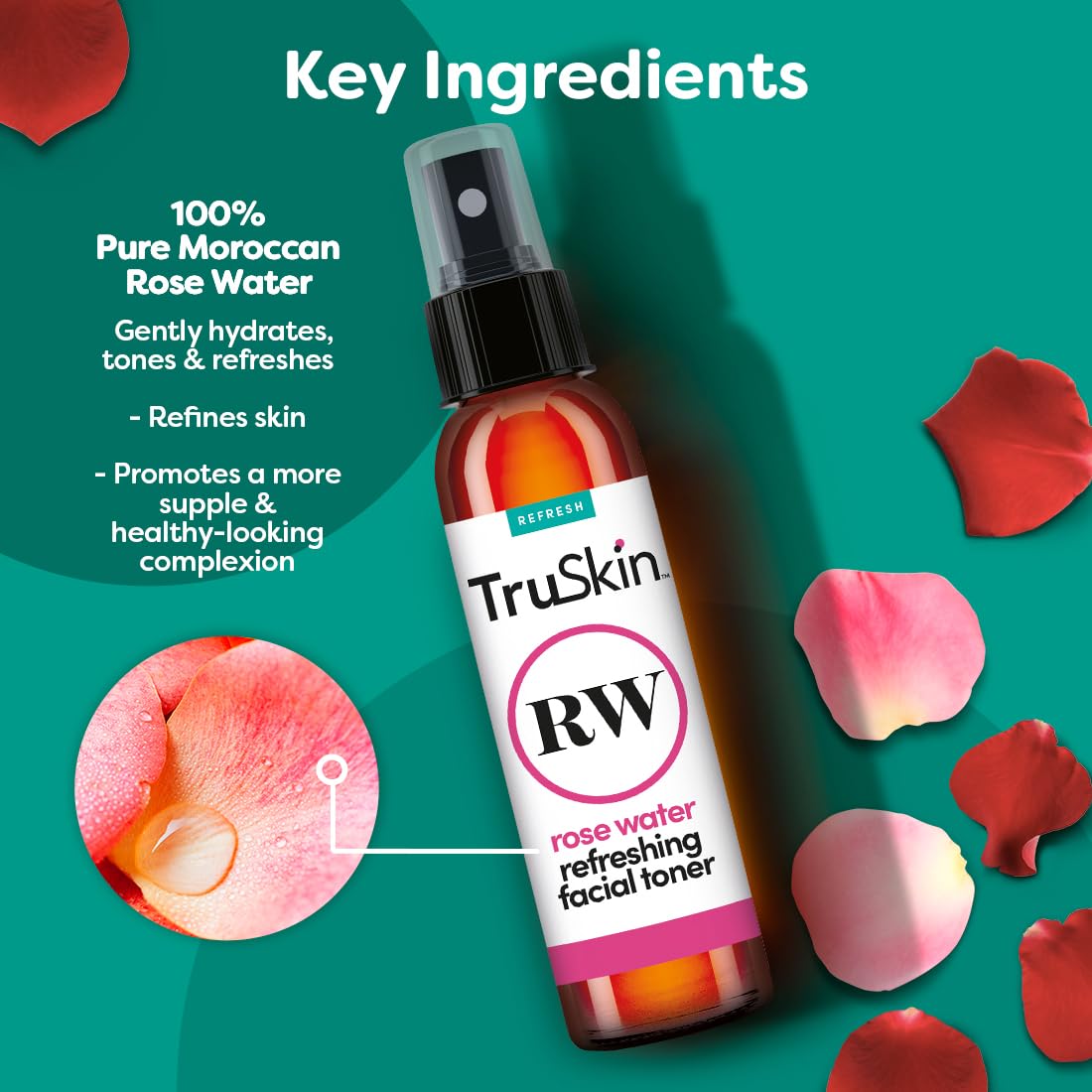 TruSkin Rose Water Facial Toner – 100% Pure Rose Water Hydrating & Revitalizing Toner for Balanced Skin – Refines Pores & Enhances Complexion – 4 fl oz – Perfect for Daily Skincare Routine & Post-Workout Refresh