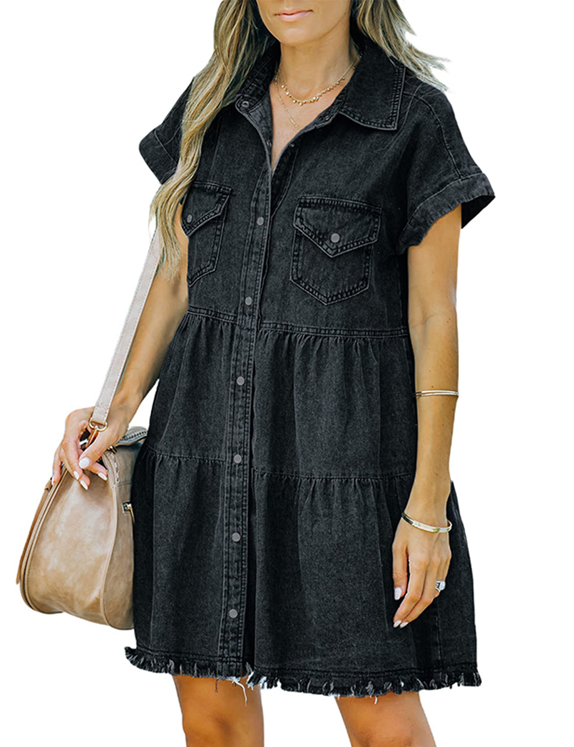 APAFES Women's Summer Denim Dress - Short Sleeve Button Down Jean Midi Dress with Casual Frayed Hem | Perfect for Beach Outings, Weekend Brunch & Summer Vacations