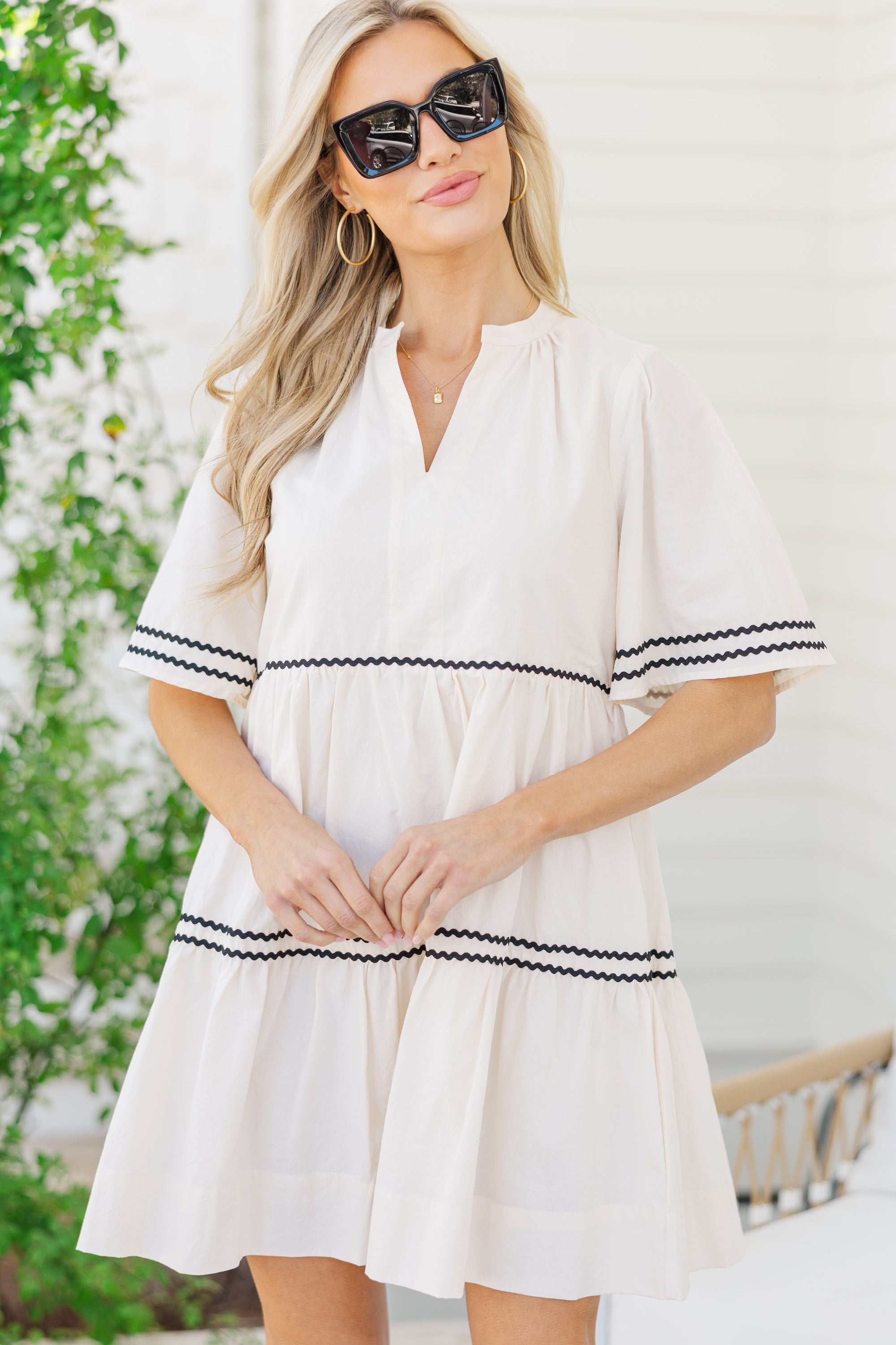 Best Taupe Rickrack Dress for Women - Flowy Boho Summer Dress with Lace Trim - Perfect for Beach Vacations, Date Nights & Outdoor Parties