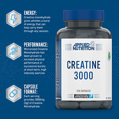 Applied Nutrition Creatine 3000 Capsules - 120 Count for Muscle Growth & Strength | Pre-Workout & Post-Workout Supplement for Athletes & Bodybuilders