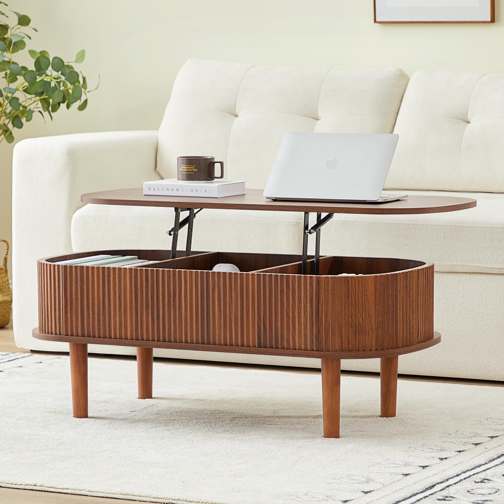 Fluted Lift Top Coffee Table with Hidden Storage - Fully Assembled Modern Oval Wooden Center Table for Living Room, Office & Home - Walnut Finish - Perfect for Small Spaces, Entertaining & Storage Solutions