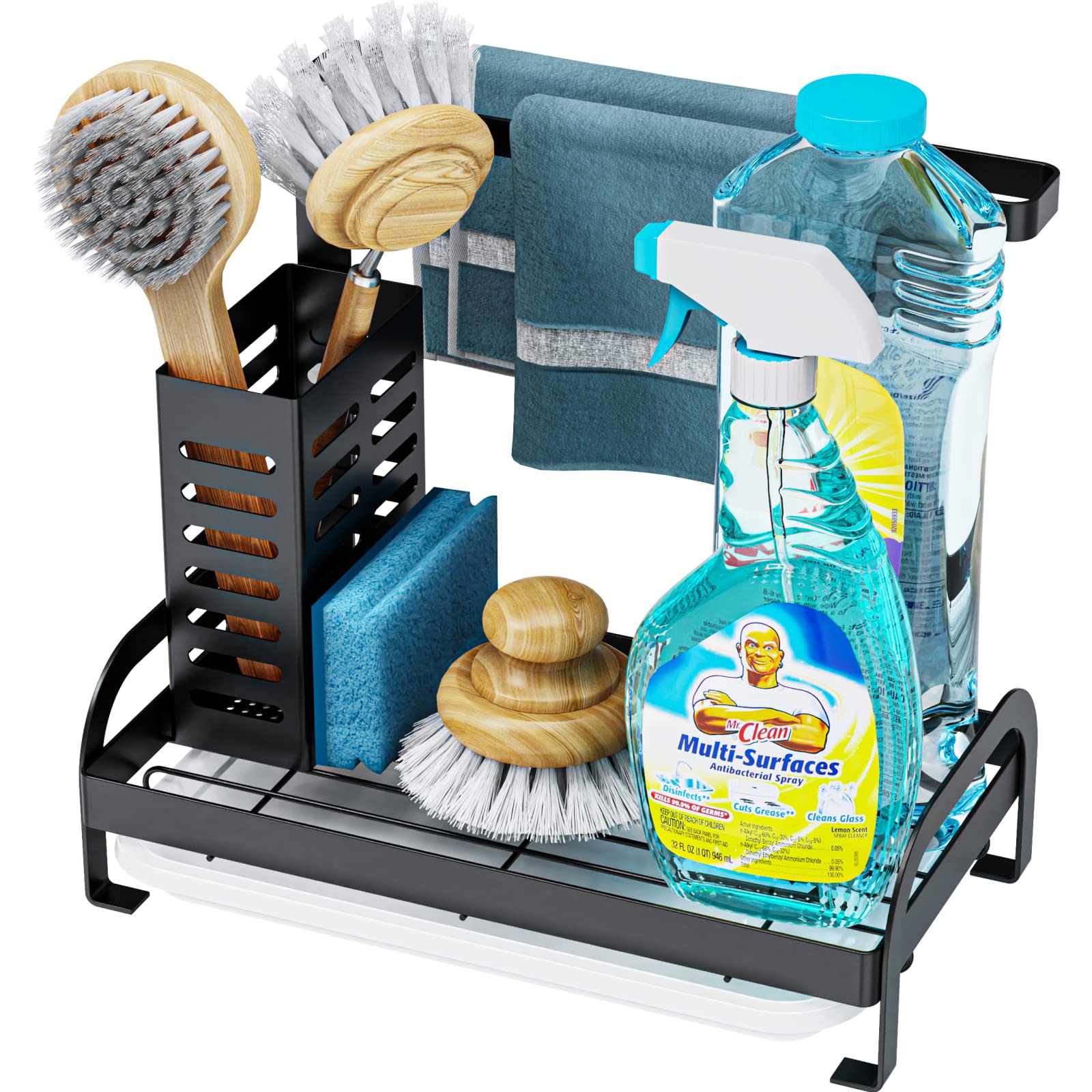 iSPECLE Sink Caddy Organizer - Kitchen Sponge & Brush Holder with Drain Tray, Dishcloth Storage Rack - Space Saving Sink Organizer for Kitchen, Bathroom (Black) - Perfect for Keeping Sponges, Brushes & Cleaning Tools Dry & Organized