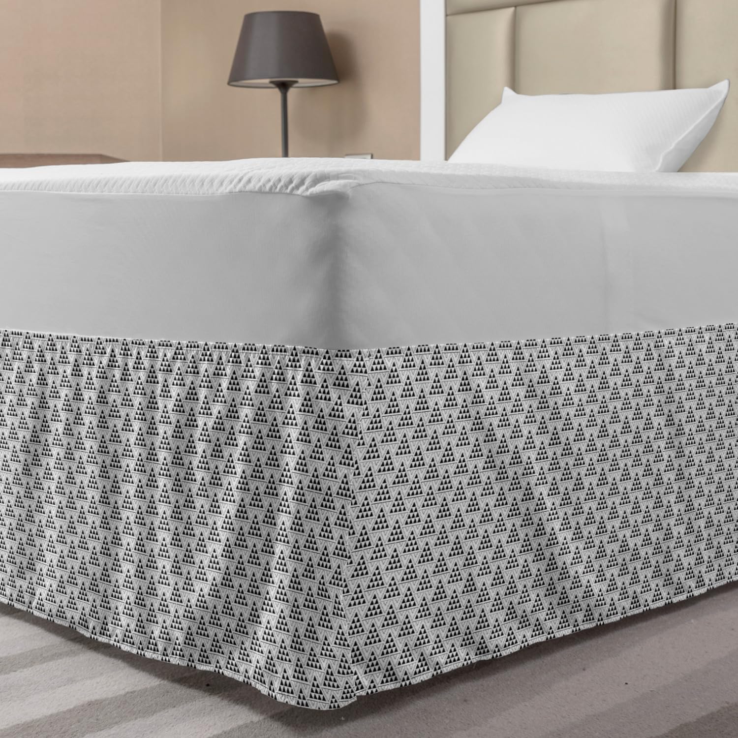 Ambesonne Geometric Bed Skirt with Rhythmic Classical Abstract Triangle Print - Twin/Twin XL Size, White Charcoal Grey - Elastic Wrap Around Gathered Design for Bedroom Decor | Perfect for Guest Rooms, Master Bedrooms & Home Staging