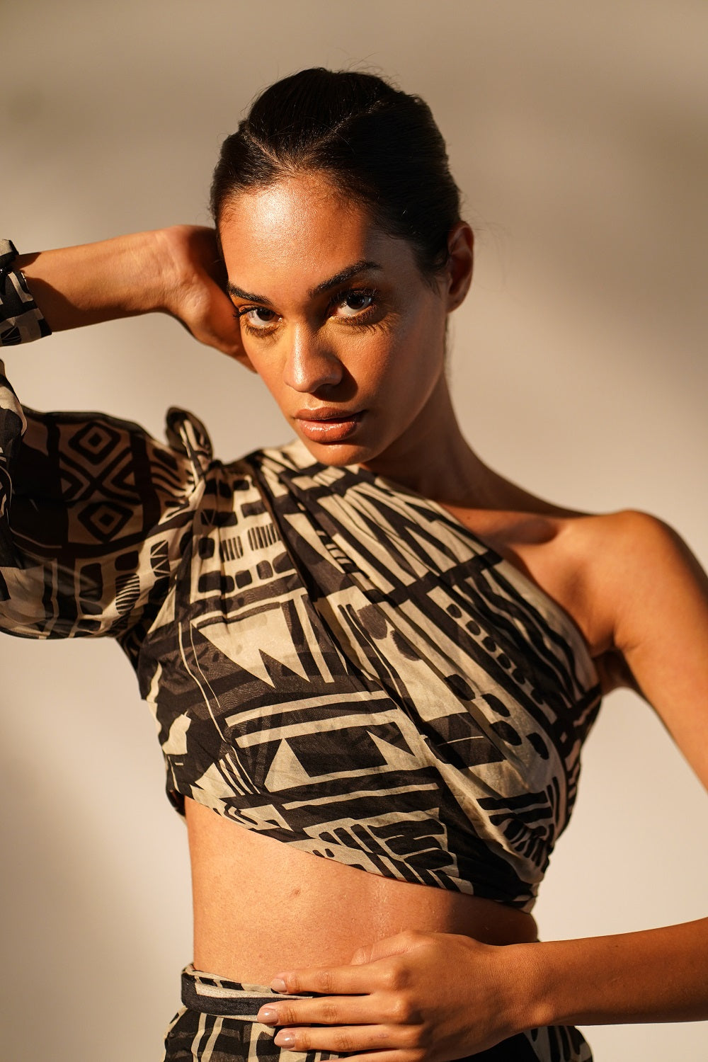 White Abstract Print One Shoulder Top for Women - Trendy Summer Beach Party & Night Out Blouse