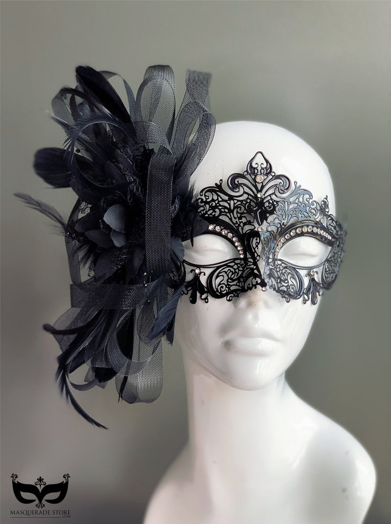 Elegant Venetian Black Mask with Feathers - Handmade Masquerade Mask for Costume Parties, Halloween, and Ballroom Events - Perfect for Mardi Gras, Venetian Carnival, and Themed Parties