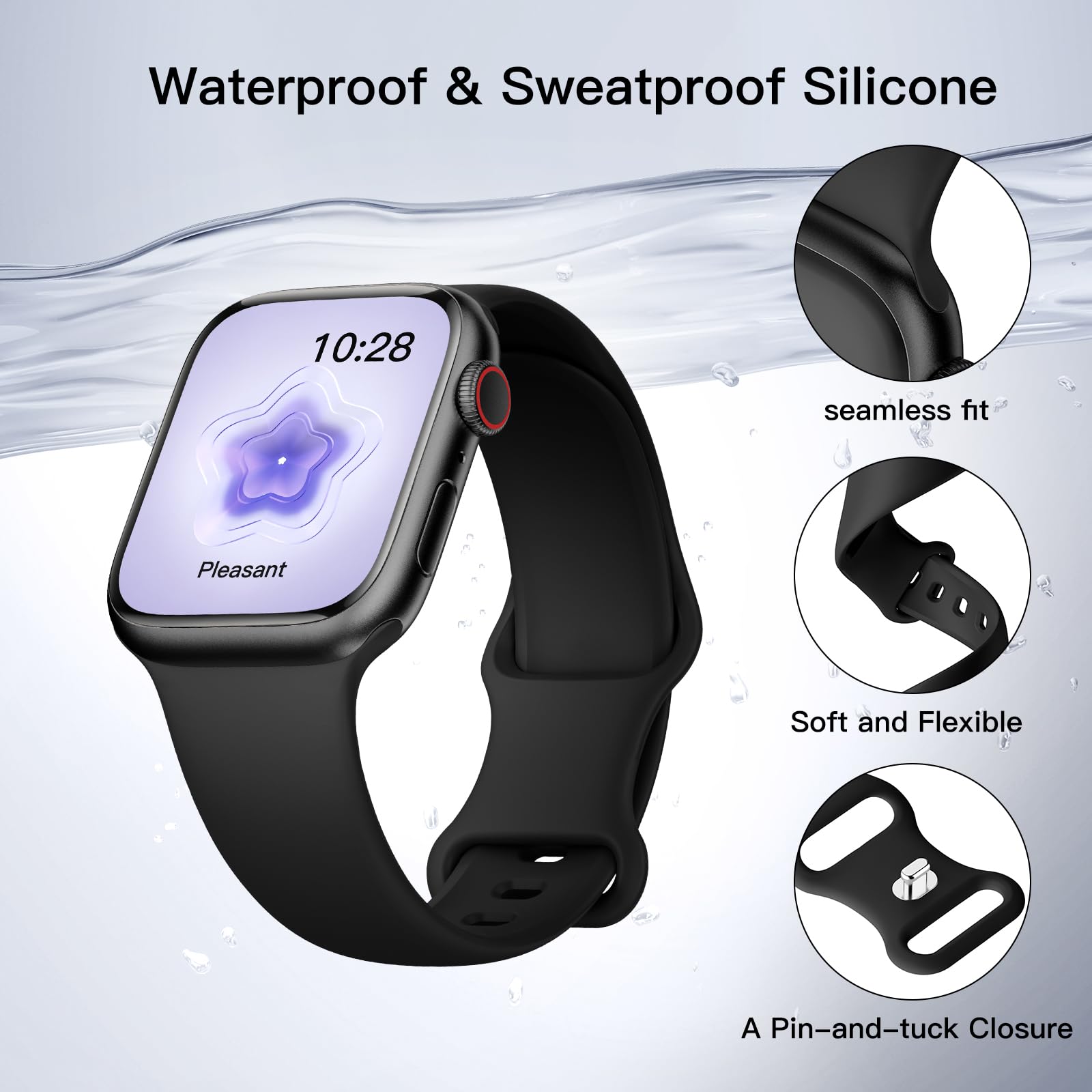 Yoohoo Sport Straps Compatible with Apple Watch 38mm 40mm 41mm 42mm 44mm 45mm - Soft Silicone Replacement Band for Series 10/9/8/7/6/5/4/3/2/1/SE - Adjustable Breathable Wristband for Women & Men - Perfect for Running, Gym, Swimming & Daily Wear
