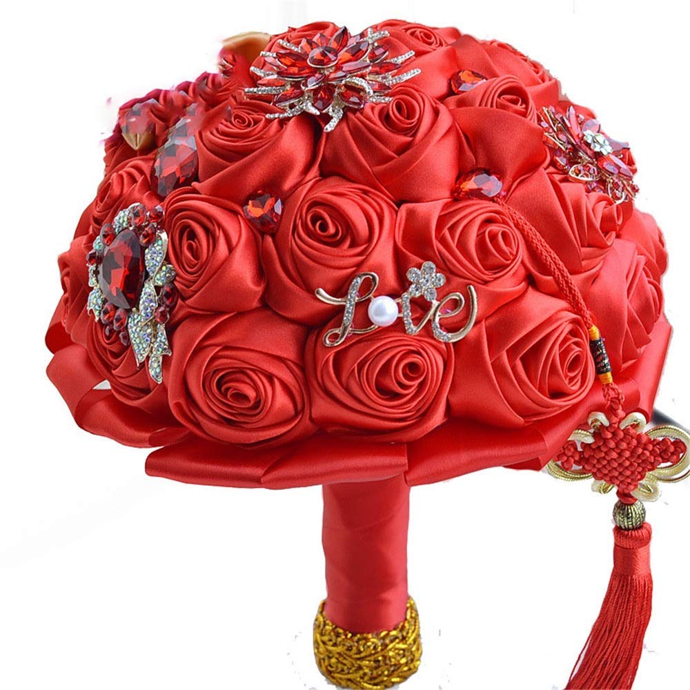 Artificial Satin Rose Wedding Bouquet - Handmade Bridal Bridesmaid Bouquet for Wedding Chapel, Party & Home Decor - Perfect for Bridal Showers, Ceremonies & Photo Props