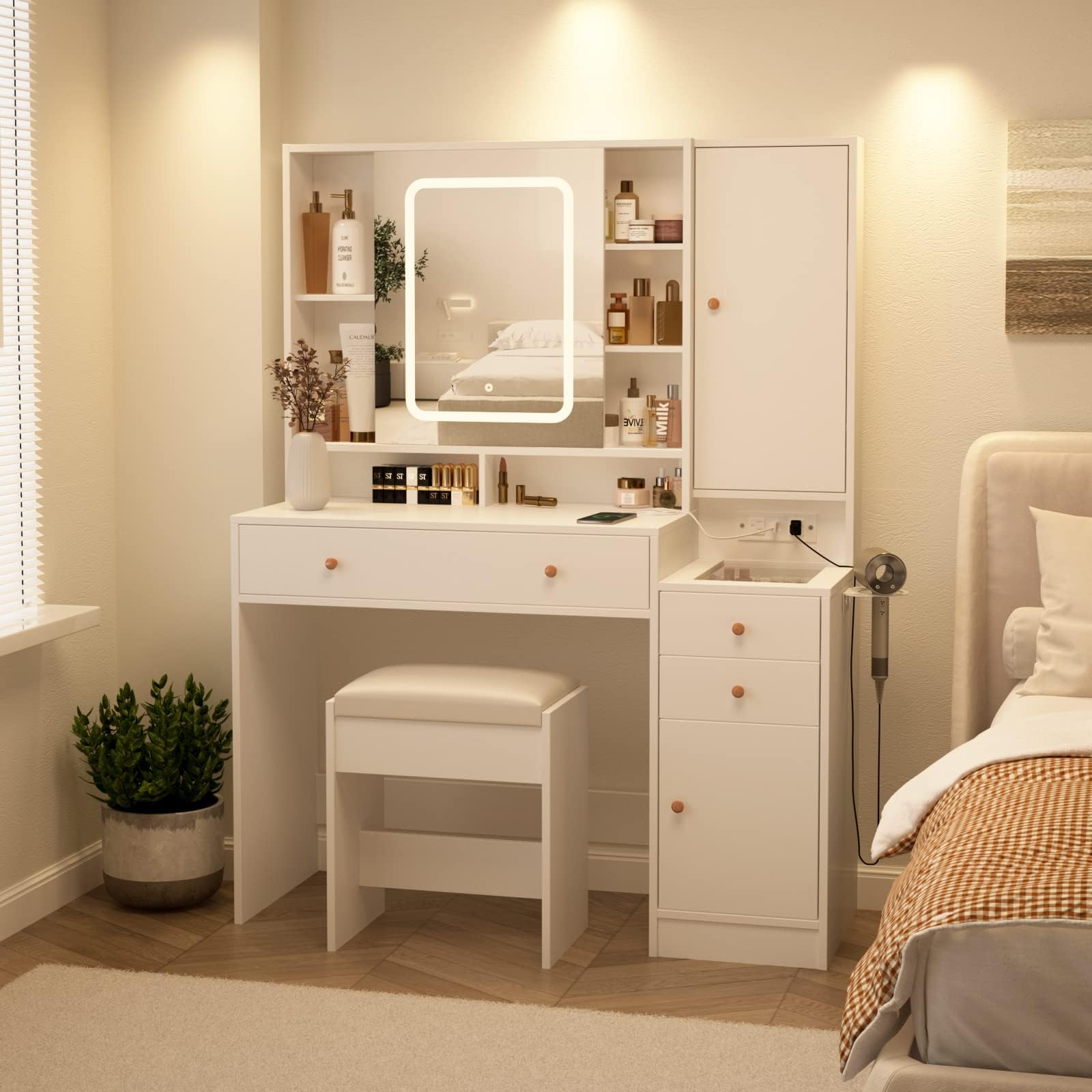 White Vanity Desk with Mirror & LED Lights - Makeup Vanity Table with 3 Drawers, Storage Cabinets, Charging Station & Sliding Door - Perfect for Bedroom, Dressing Room & Home Office Organization