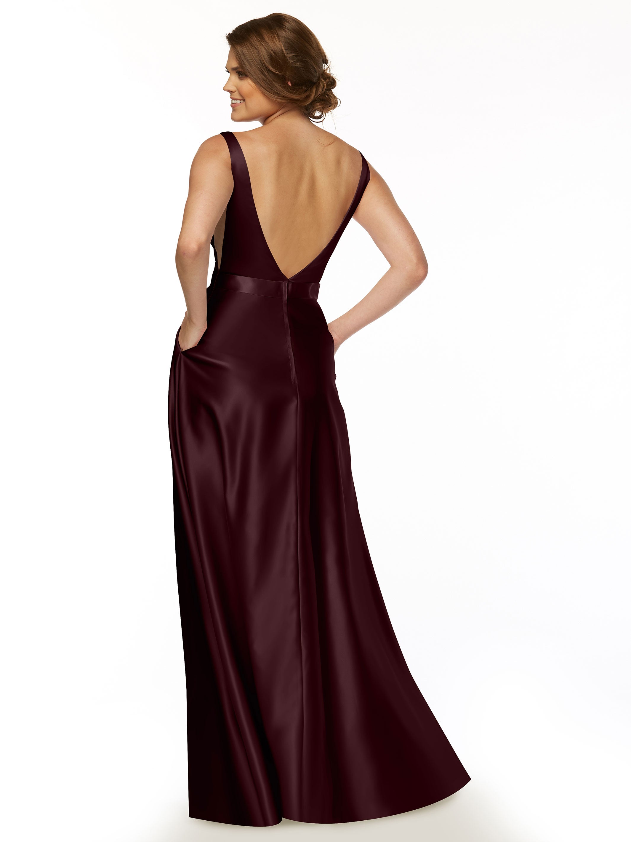 Elegant 80118 Satin A-Line Bridesmaid Dress with V-Neckline & Sash - Perfect for Weddings, Formal Events & Special Occasions
