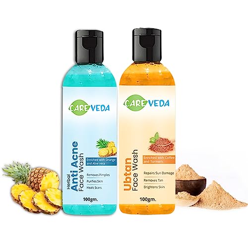 CareVeda Anti Acne Face Wash & Ubtan Face Wash Combo Set - 2 Pack for Clear, Glowing Skin | Daily Skincare Routine for Oily & Acne-Prone Skin